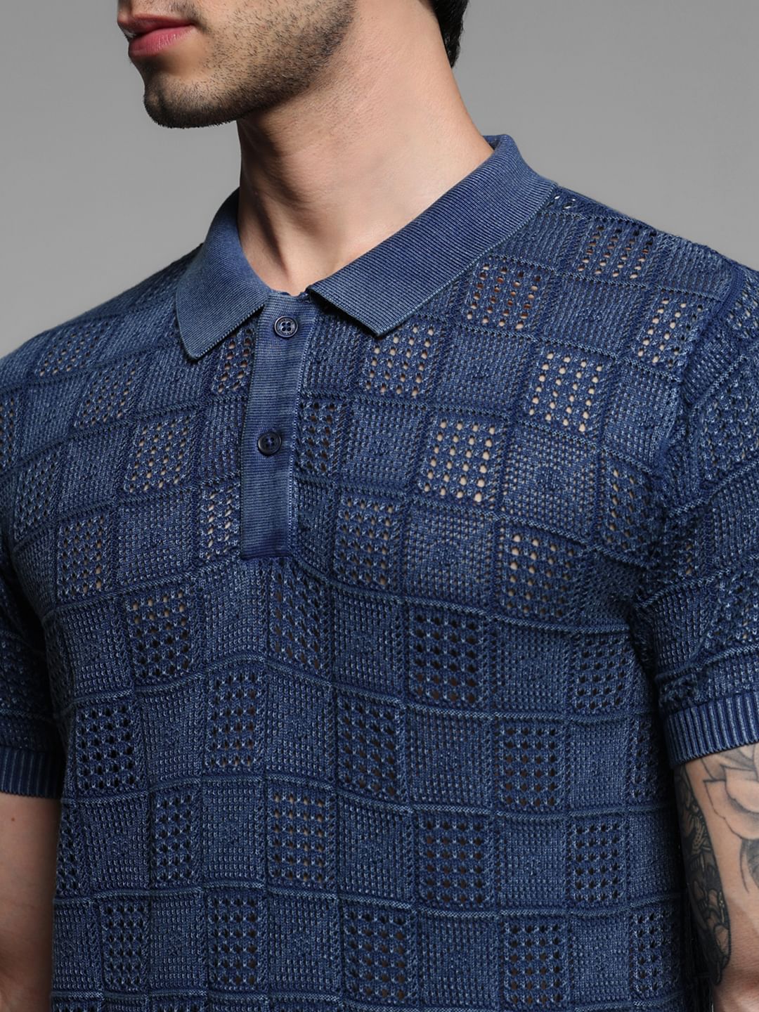 Blue Textured Knitted Polo