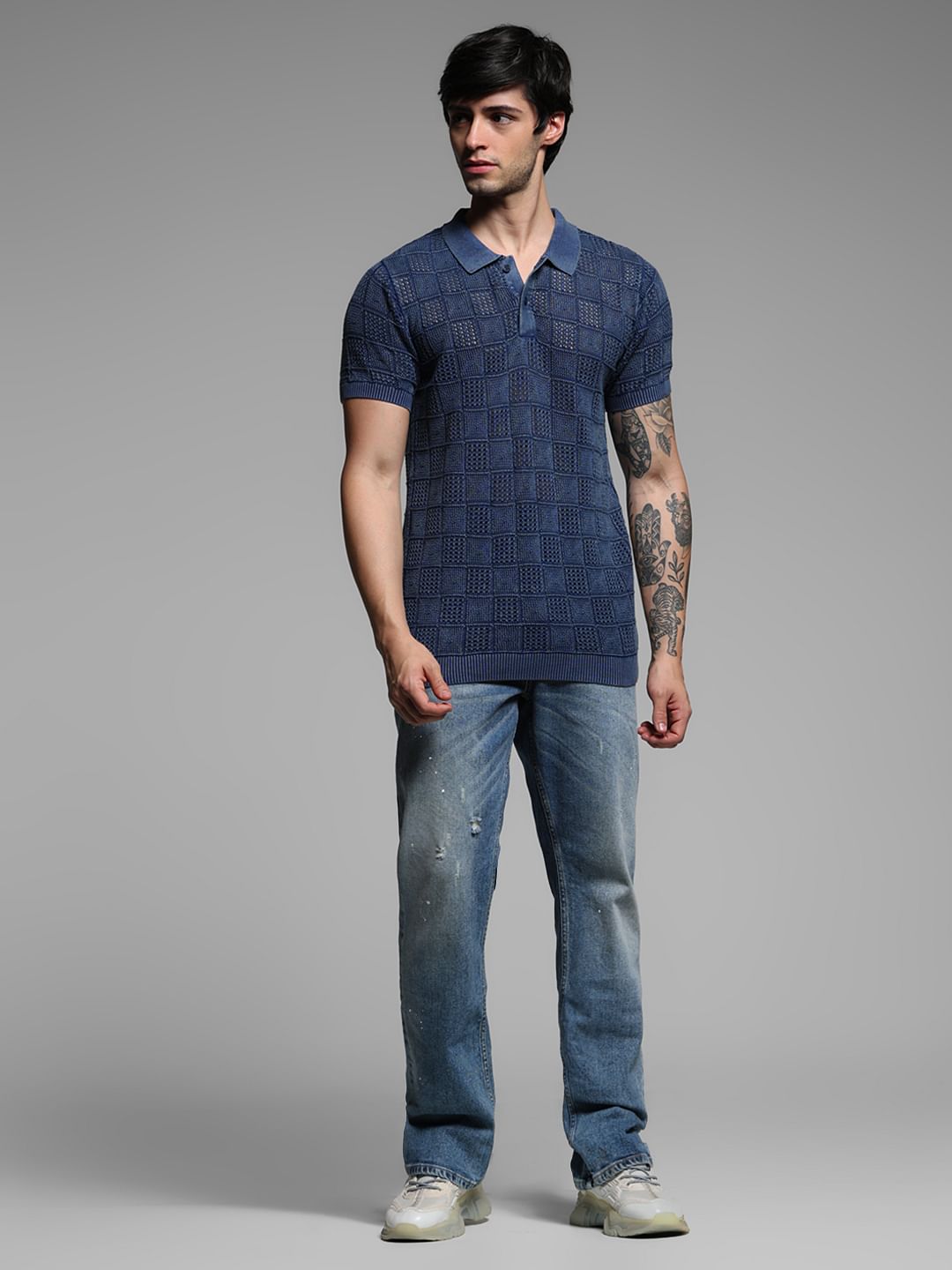 Blue Textured Knitted Polo