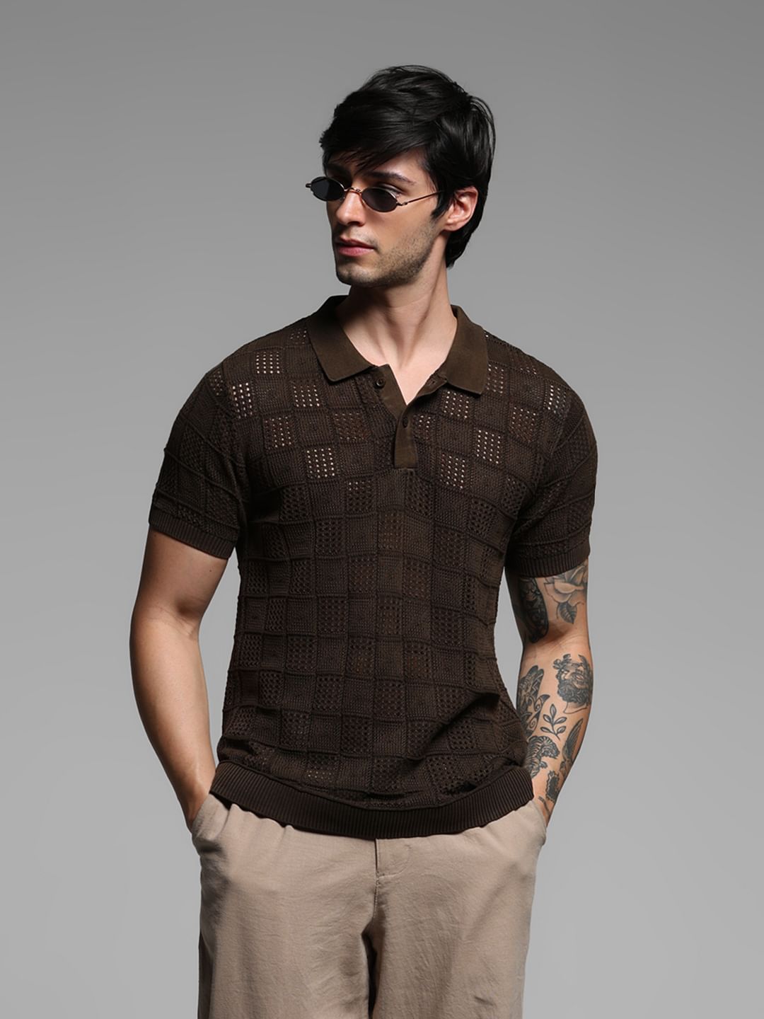 Dark Brown Textured Knitted Polo - S