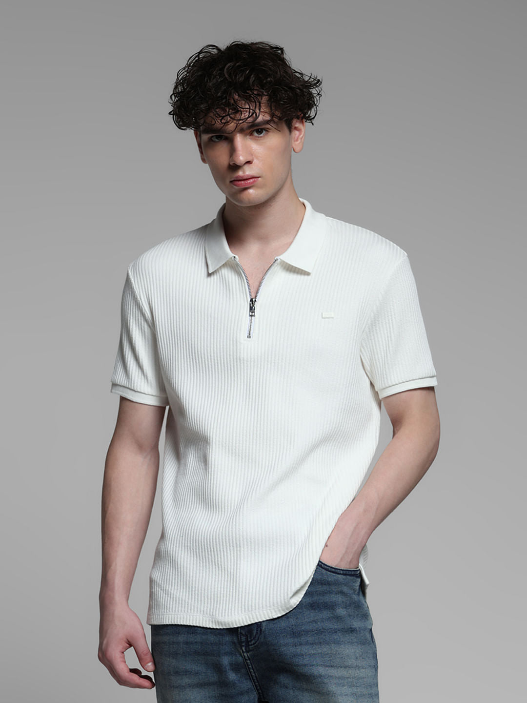 White Ribbed Zip-Up Polo - S