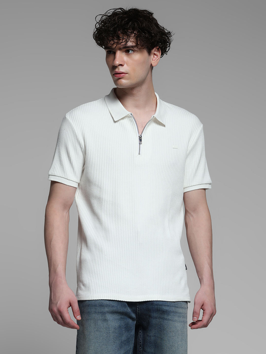 White Ribbed Zip-Up Polo