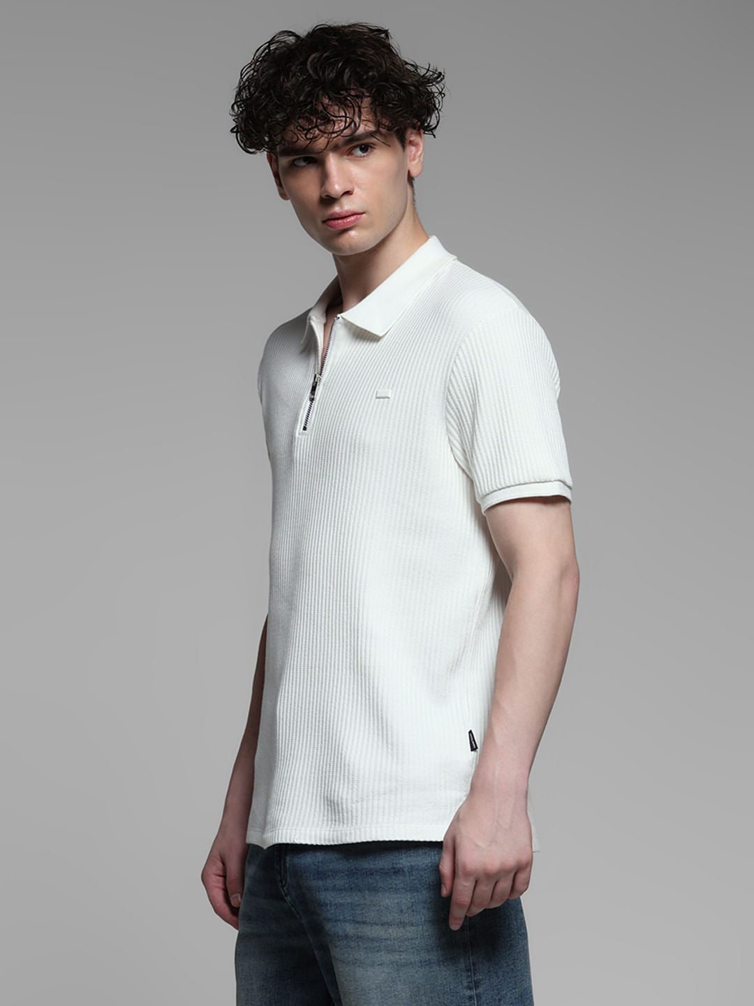 White Ribbed Zip-Up Polo