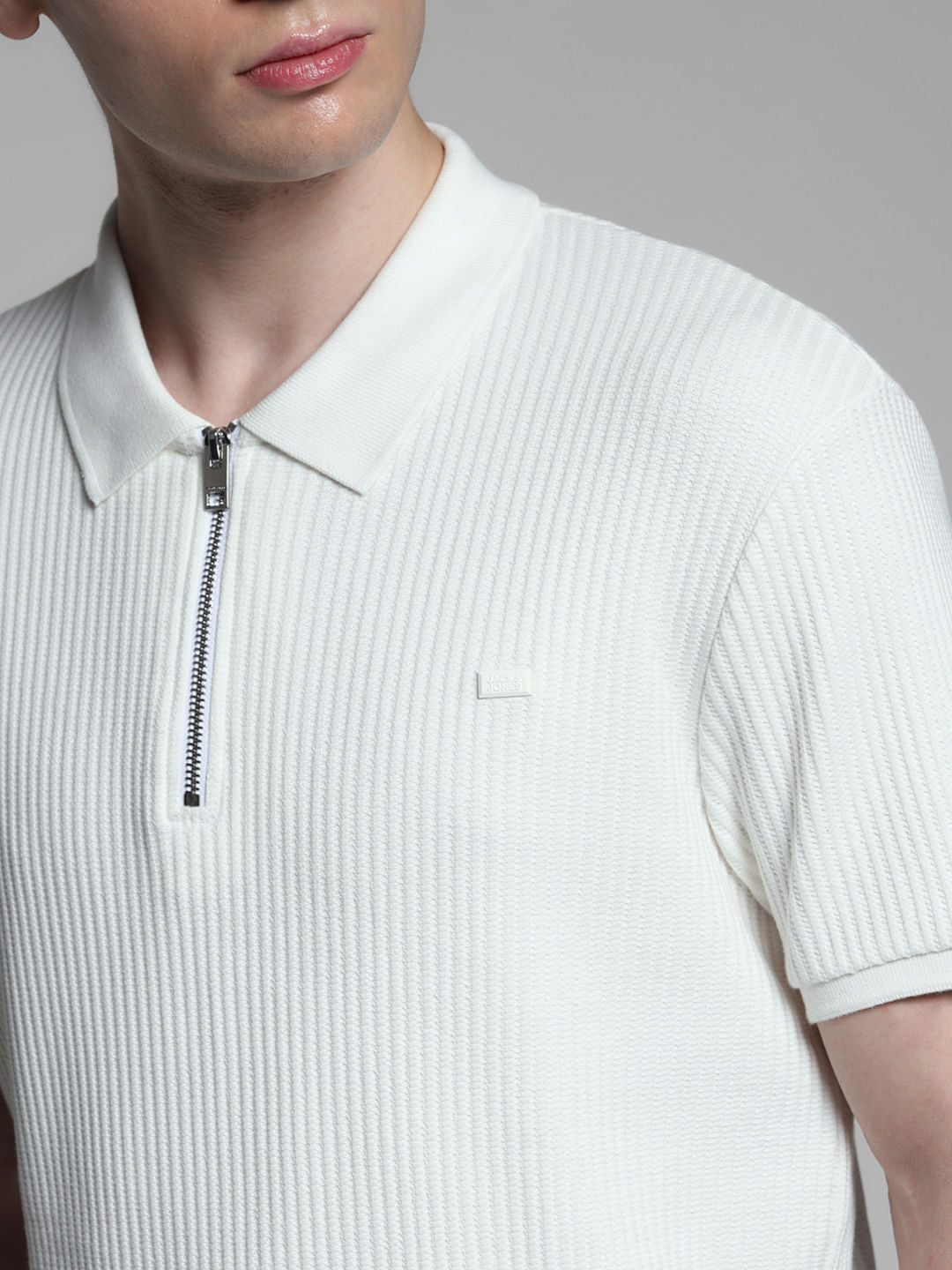 White Ribbed Zip-Up Polo