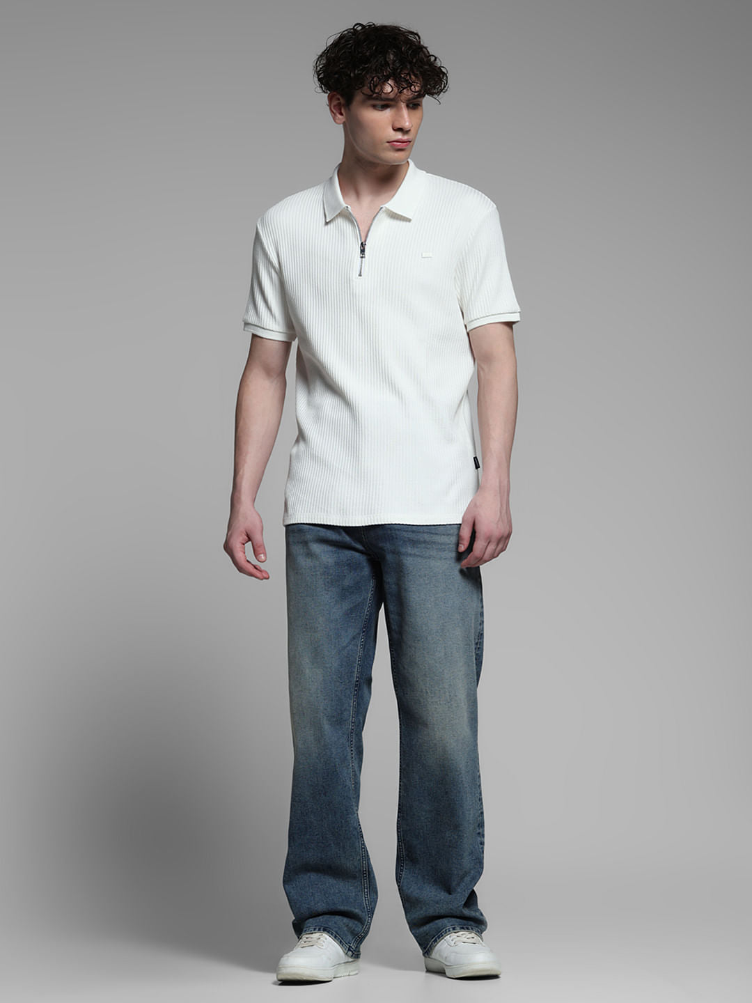 White Ribbed Zip-Up Polo