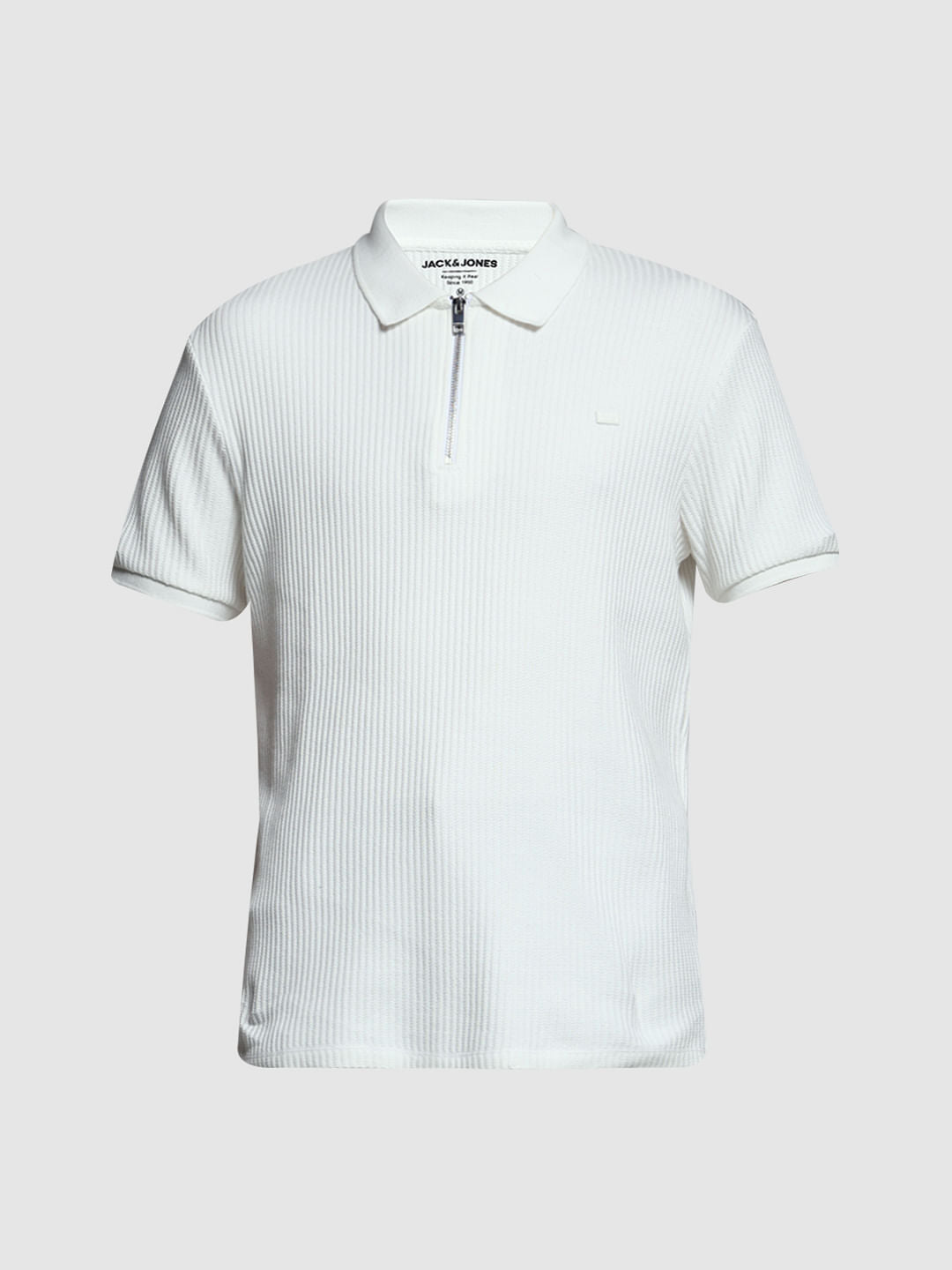 White Ribbed Zip-Up Polo