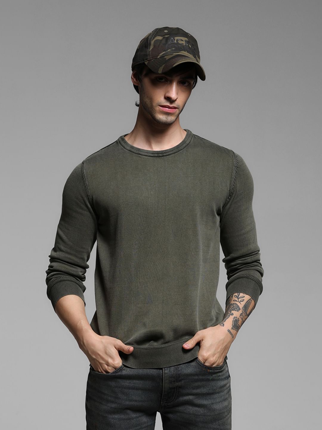 Green Knitted Cotton Pullover - XXL