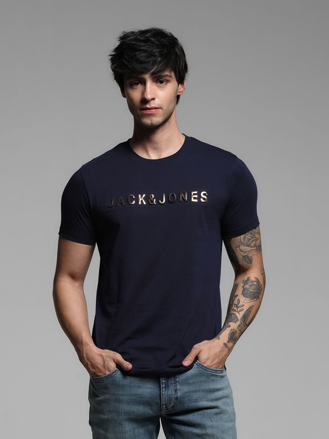 Navy Blue Logo Print Crew Neck T-shirt - S