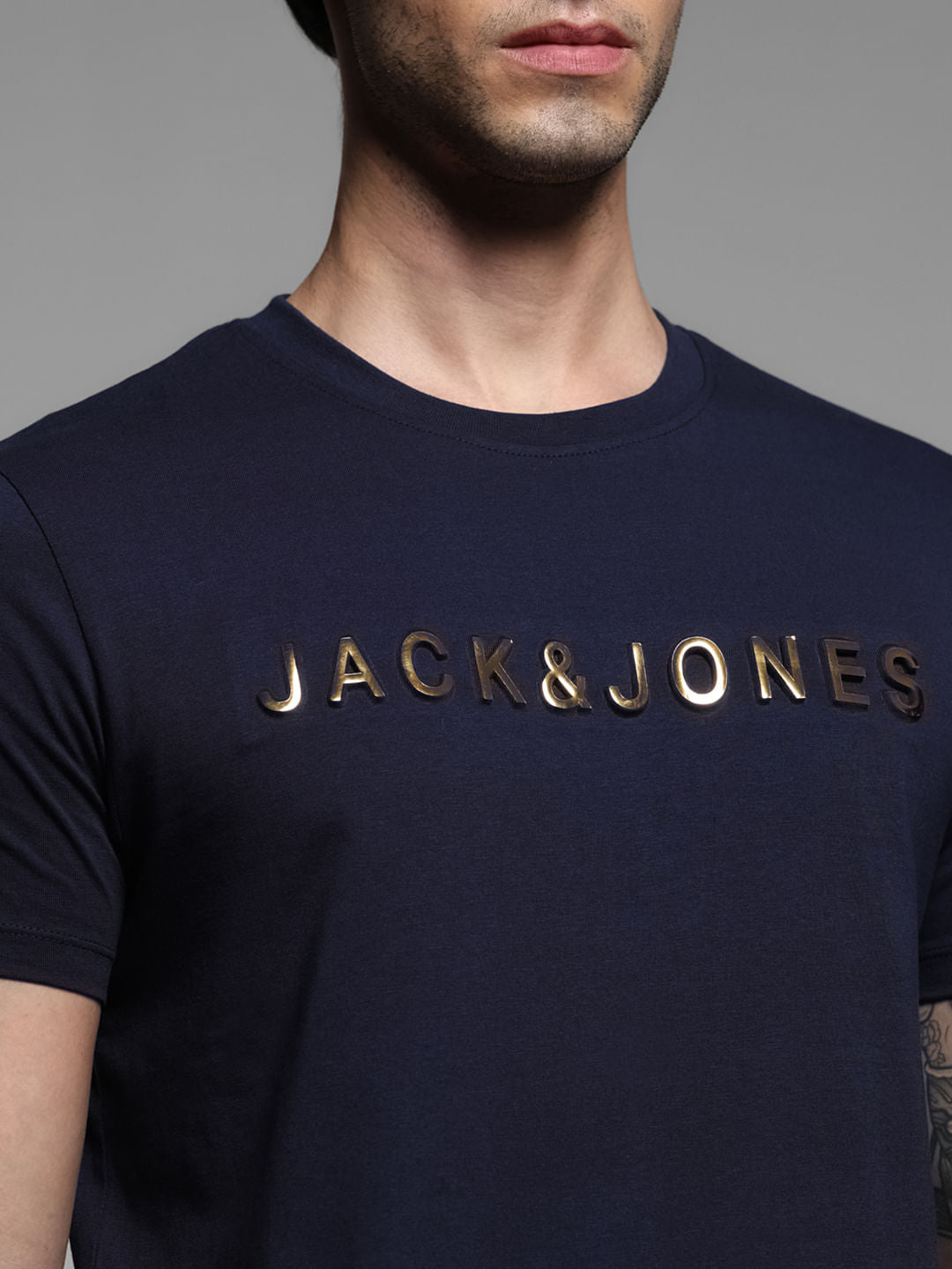 Navy Blue Logo Print Crew Neck T-shirt