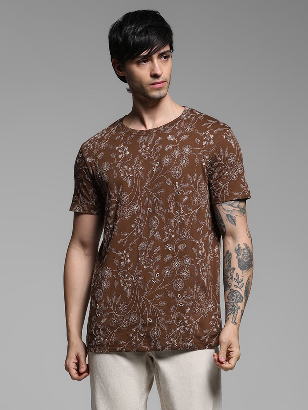 Brown Embroidered Floral Cotton T-shirt