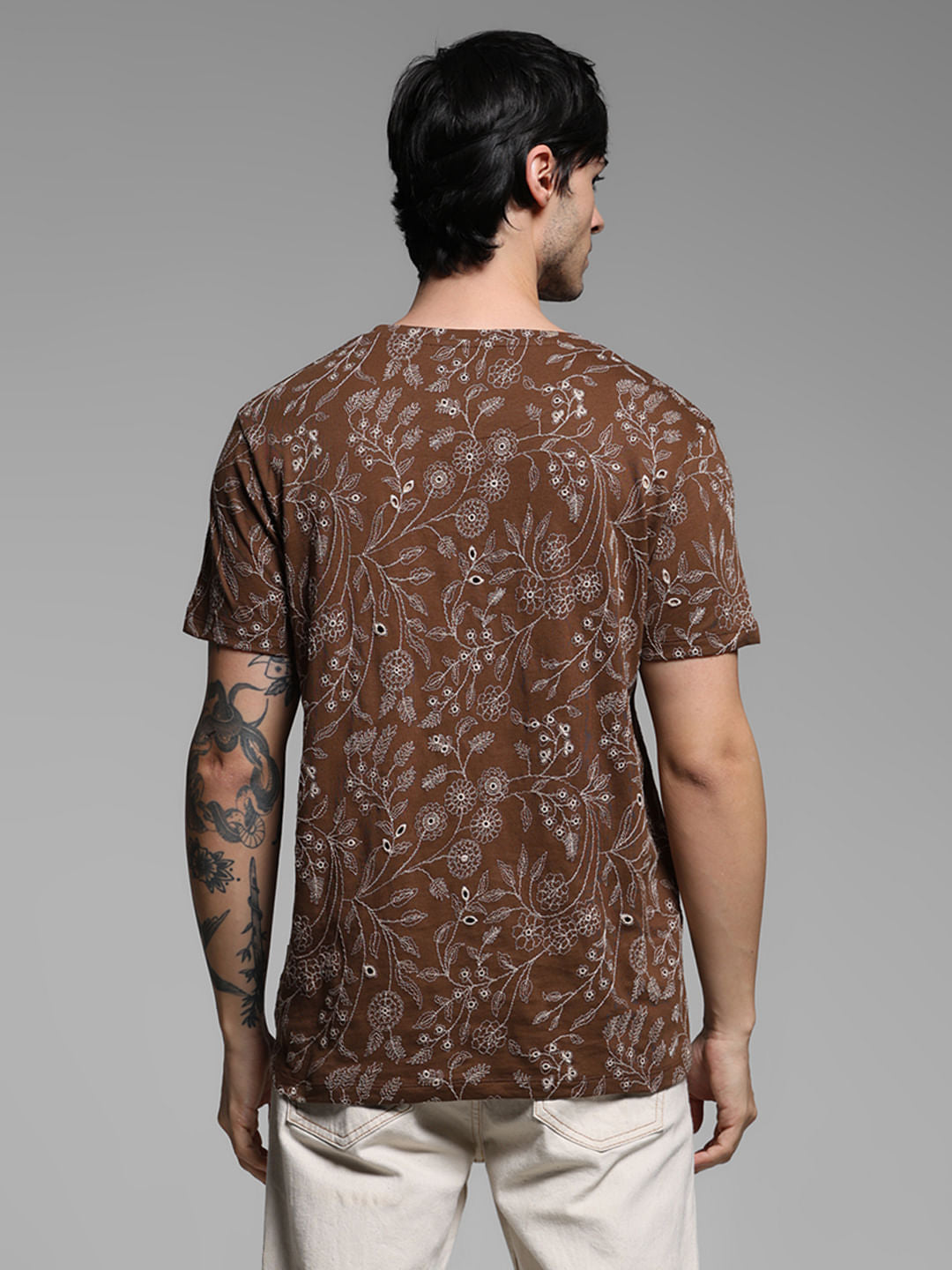 Brown Embroidered Floral Cotton T-shirt
