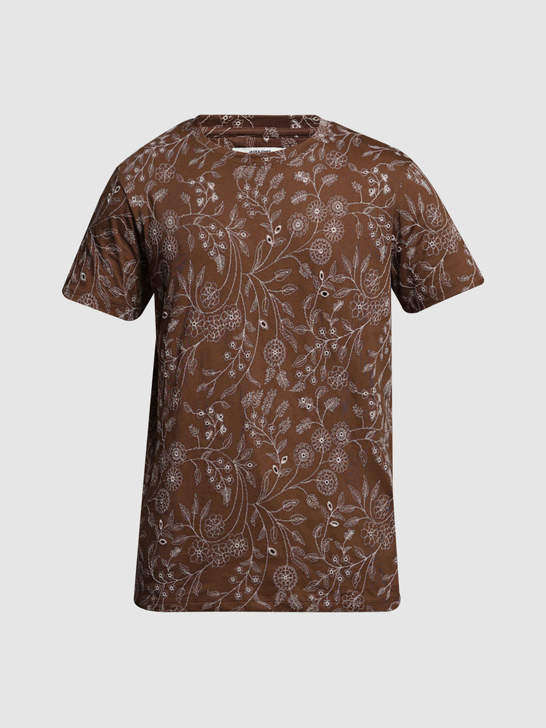 Brown Embroidered Floral Cotton T-shirt