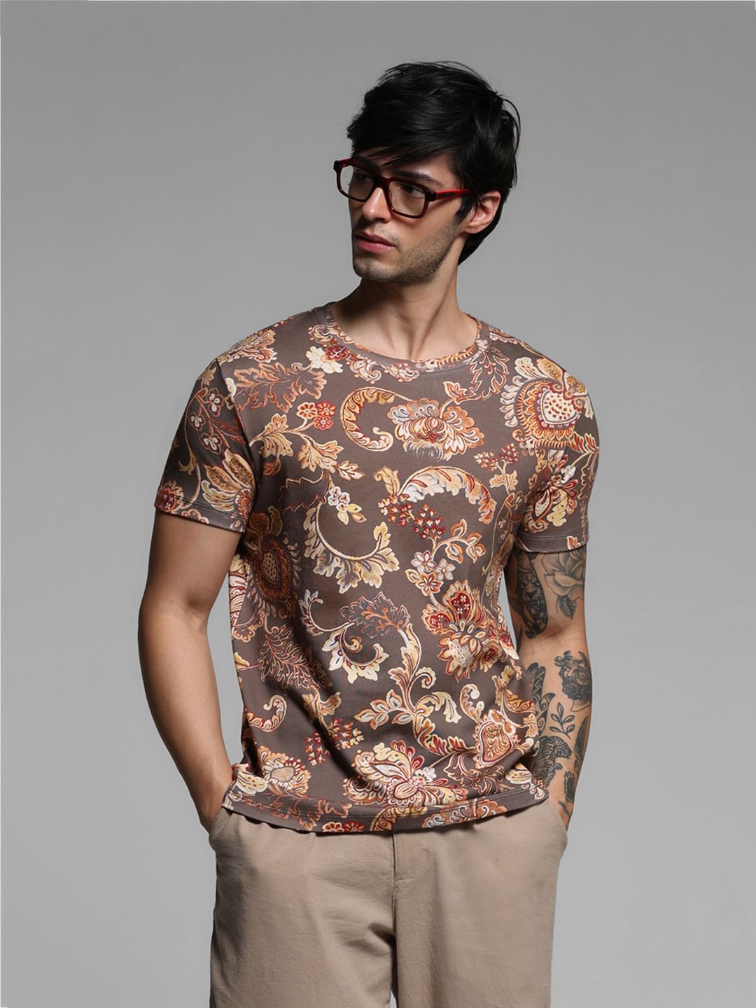 Brown Printed Crew Neck T-shirt