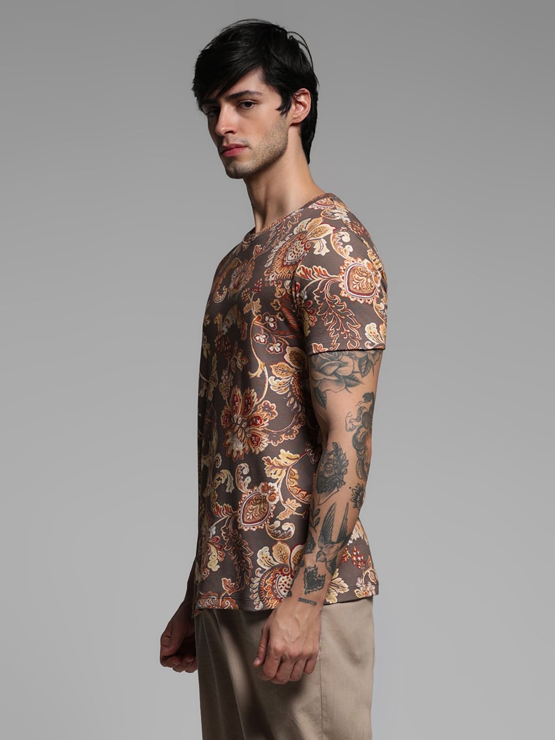 Brown Printed Crew Neck T-shirt