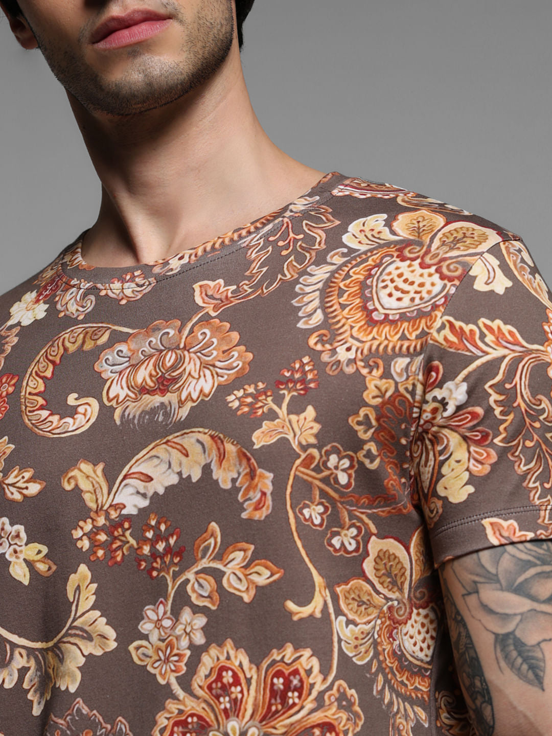 Brown Printed Crew Neck T-shirt