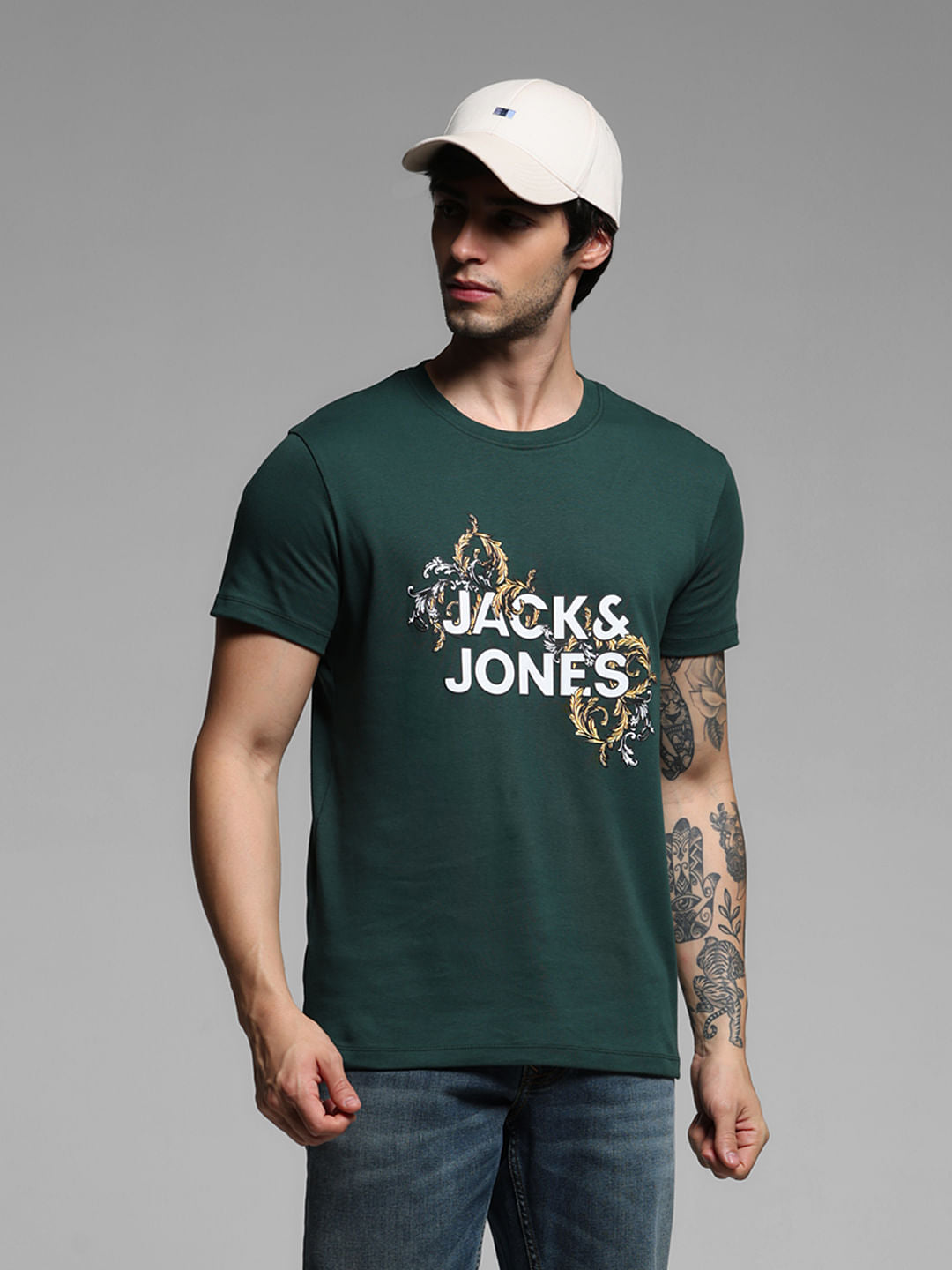 Dark Green Graphic Print Crew Neck T-shirt - S