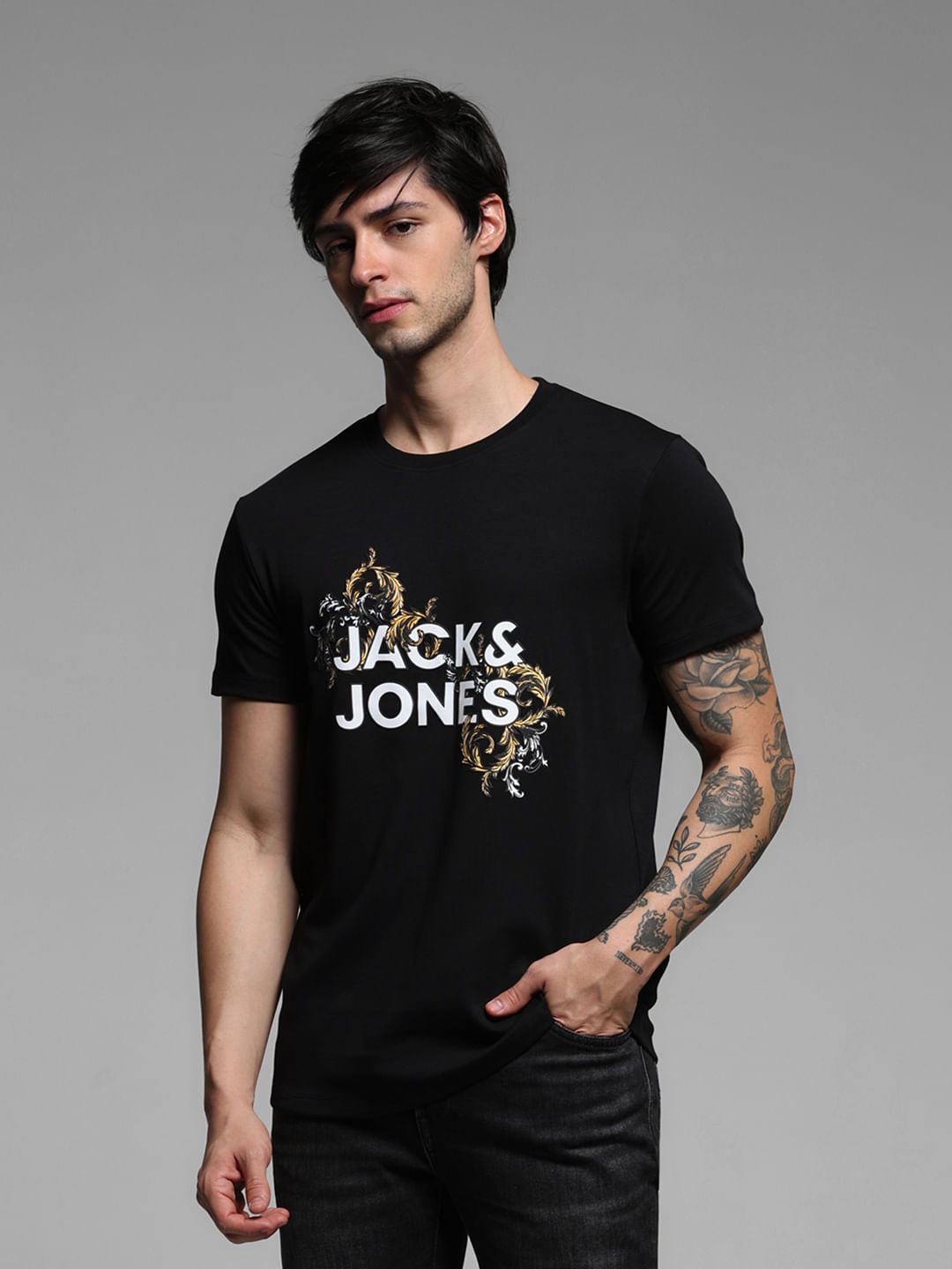 Black Graphic Print Crew Neck T-shirt - S