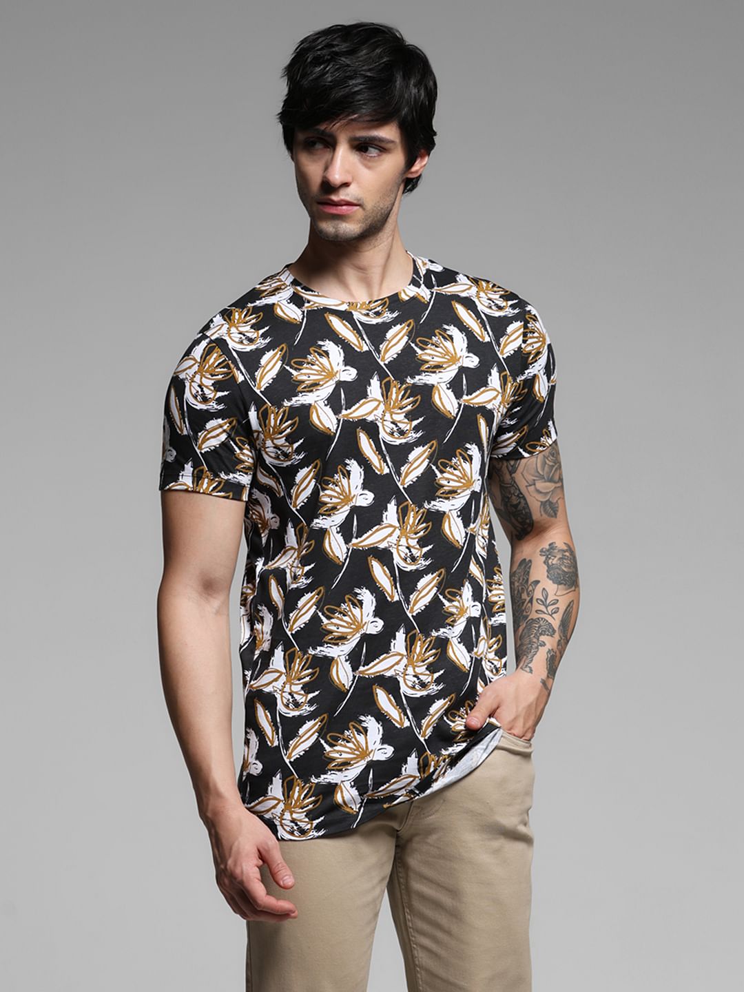 Black Abstract Print Crew Neck T-shirt