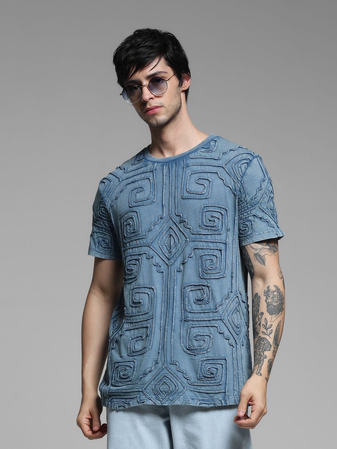 Blue Embroidered Washed Cotton T-shirt - S