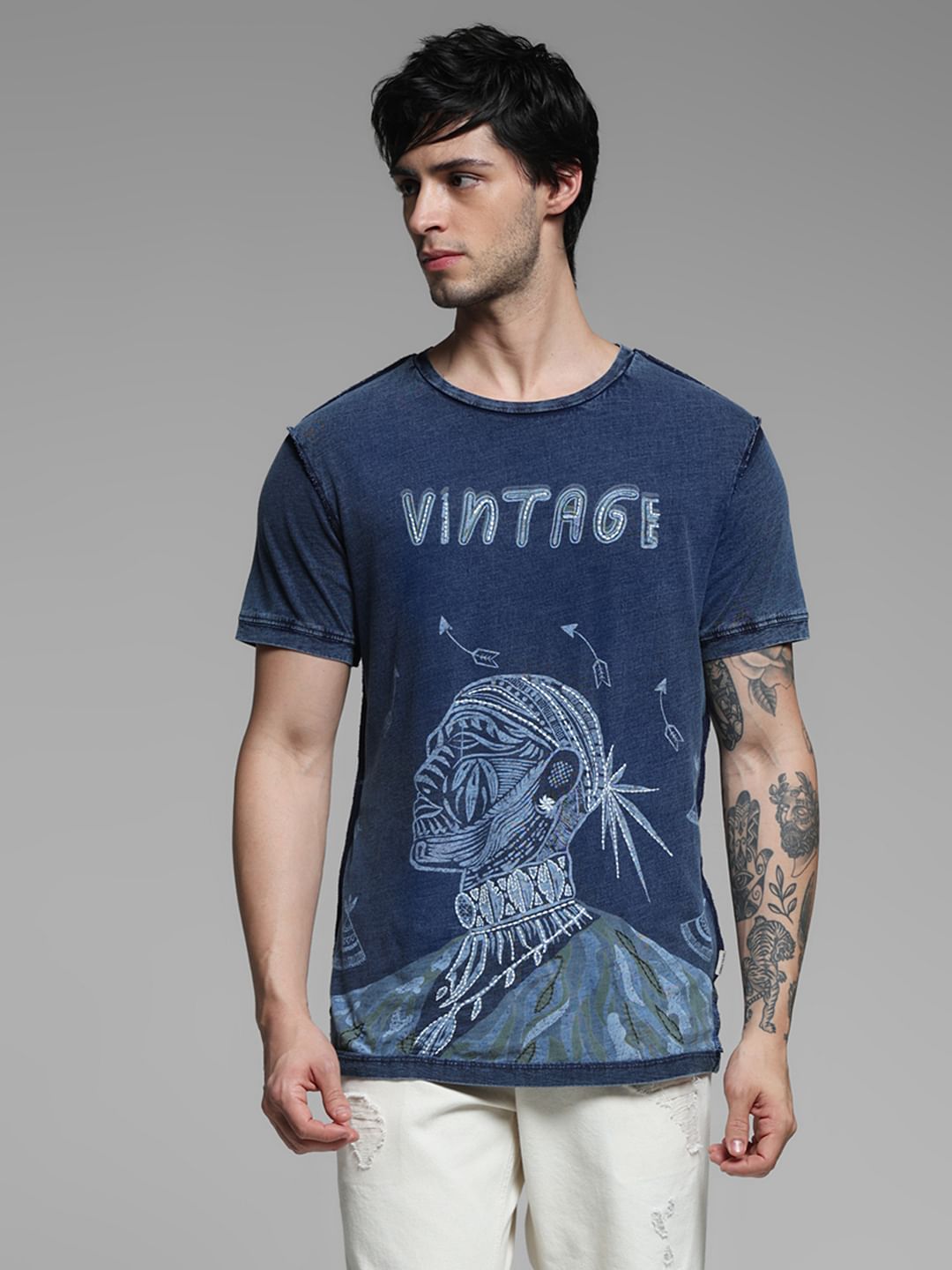 Blue Indigo Dyed Printed Cotton T-shirt