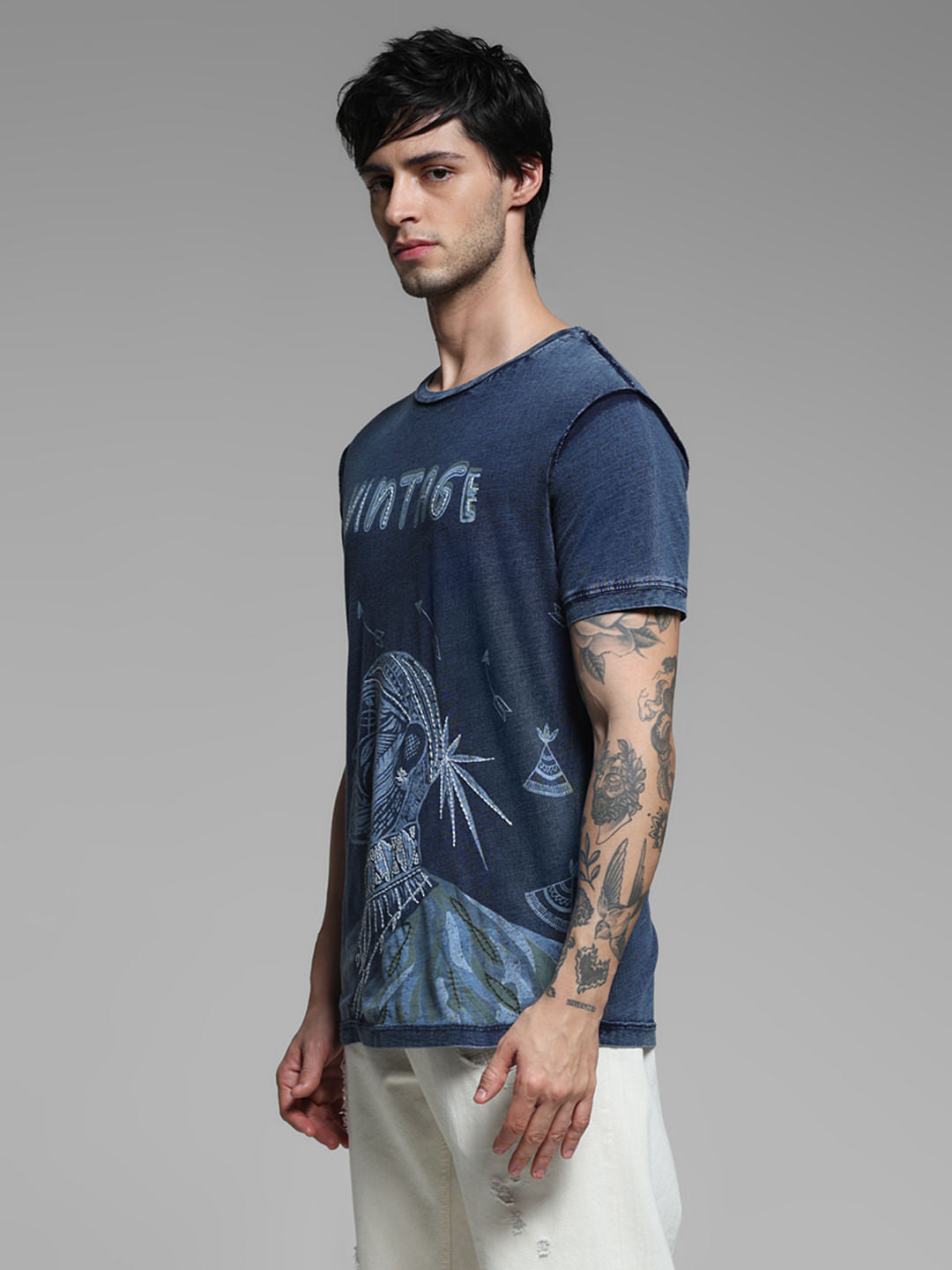 Blue Indigo Dyed Printed Cotton T-shirt