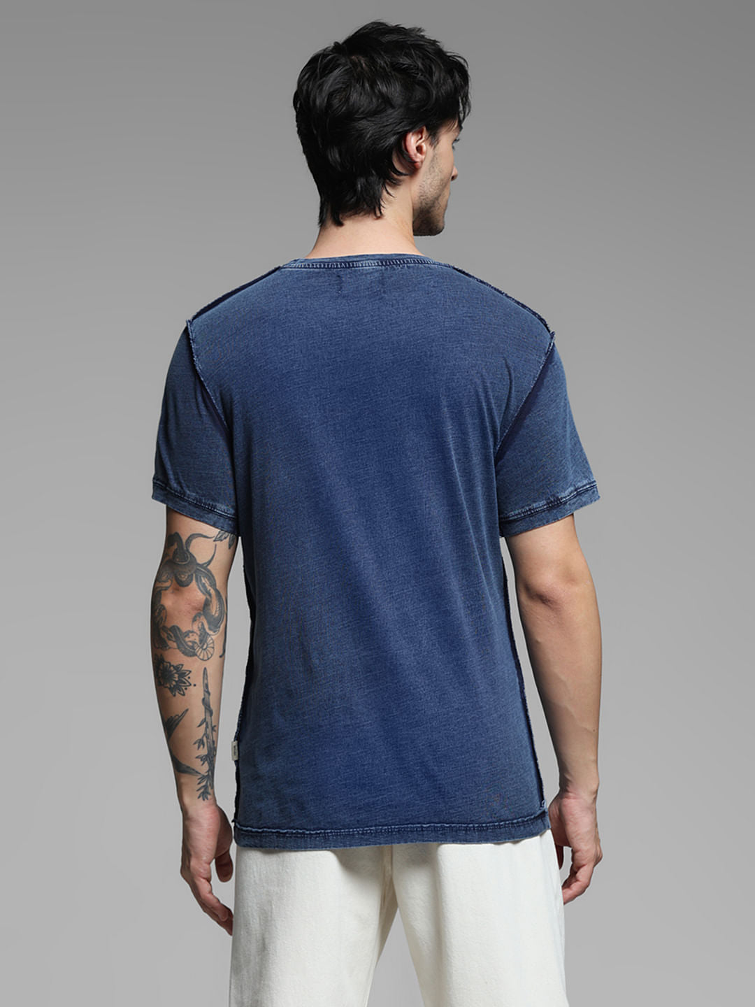 Blue Indigo Dyed Printed Cotton T-shirt
