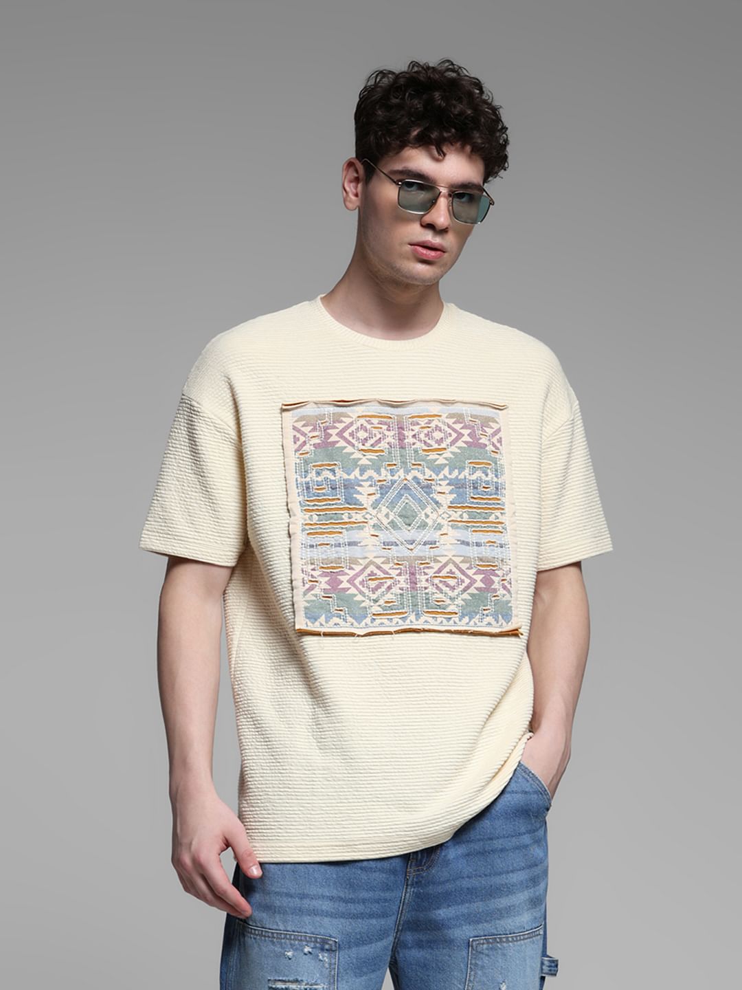 Cream Applique Patchwork T-shirt - S
