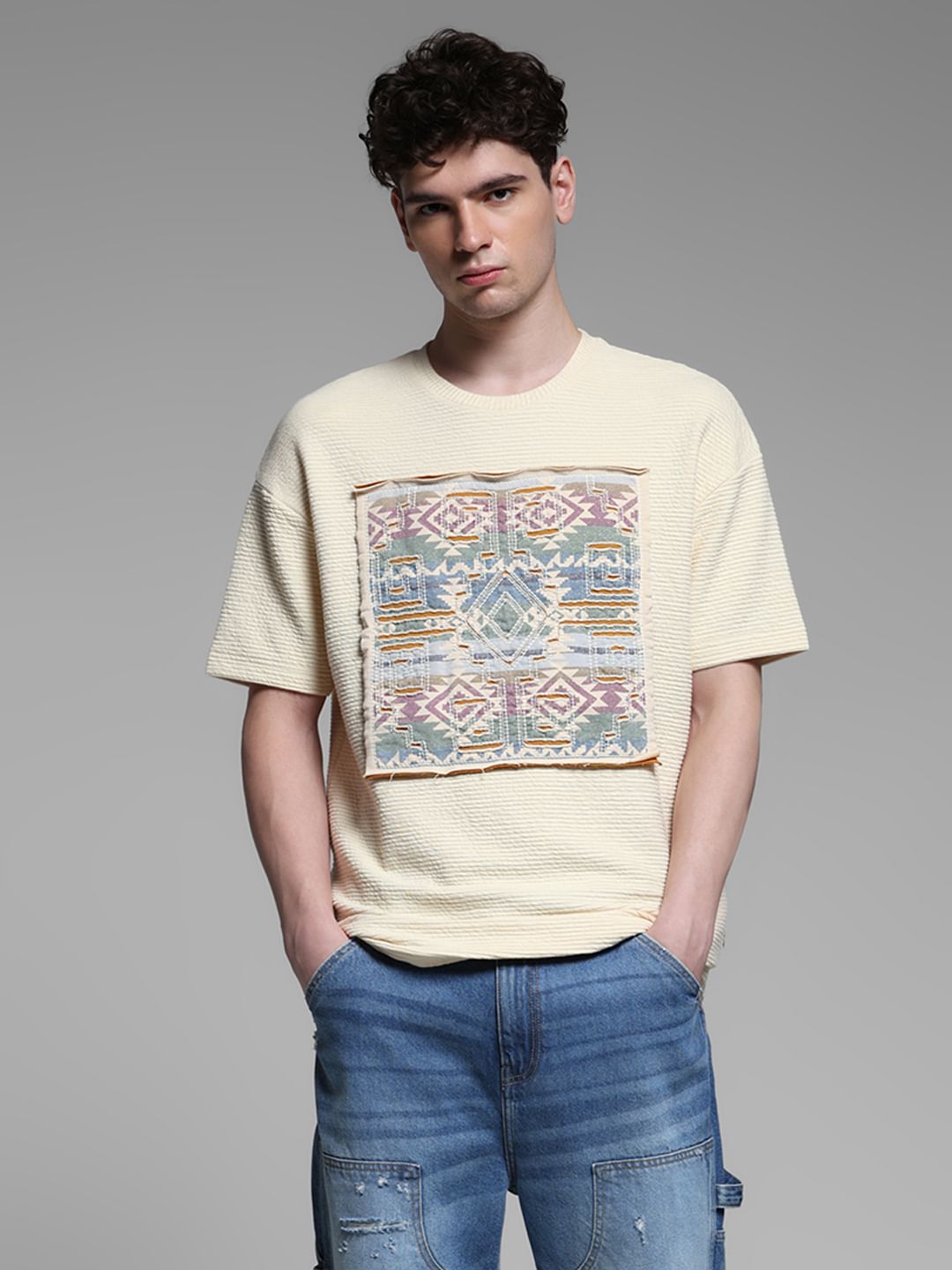 Cream Applique Patchwork T-shirt