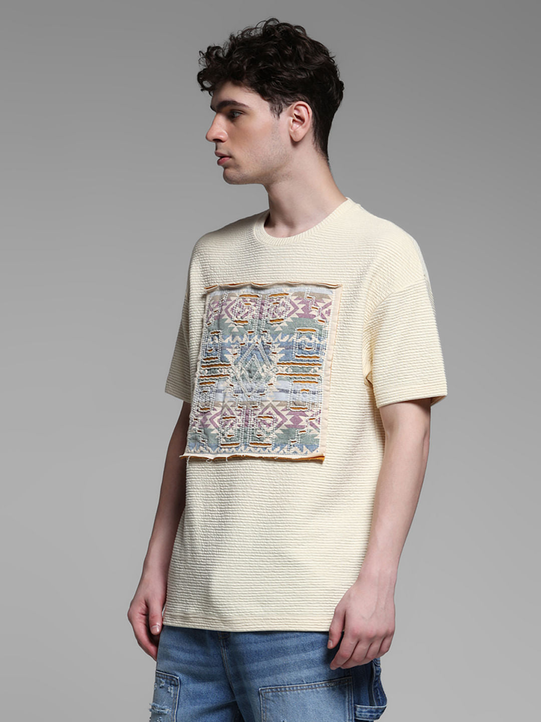 Cream Applique Patchwork T-shirt