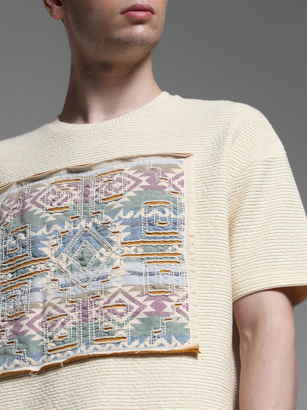 Cream Applique Patchwork T-shirt