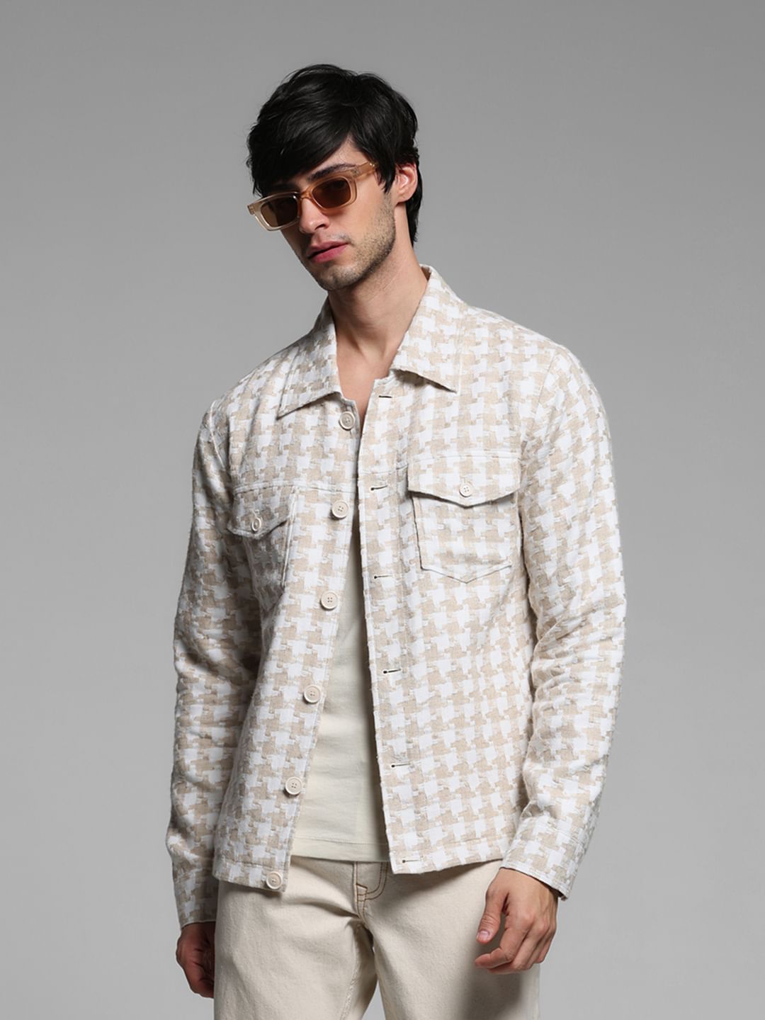 Beige Linen Houndstooth Print Jacket