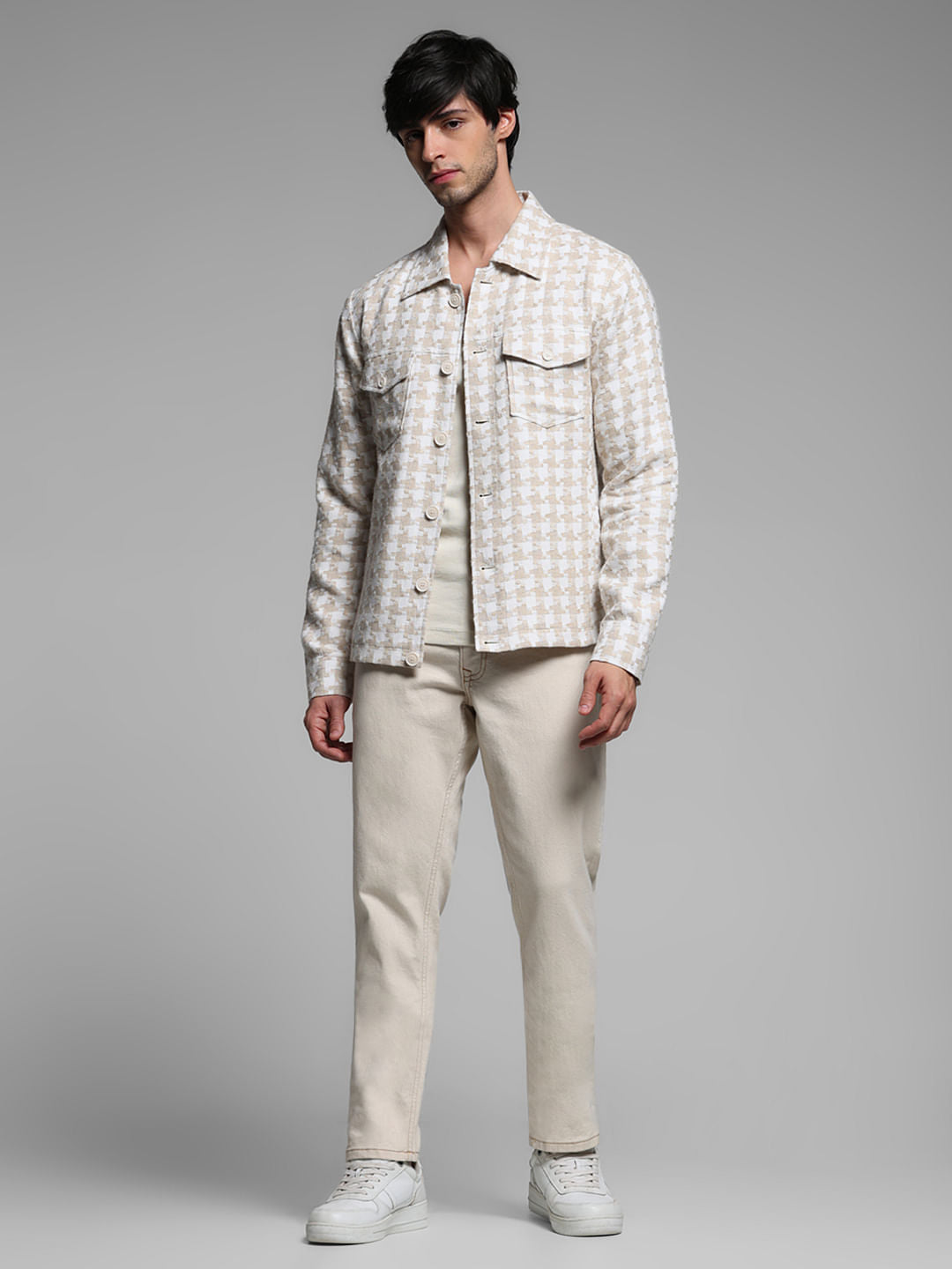 Beige Linen Houndstooth Print Jacket