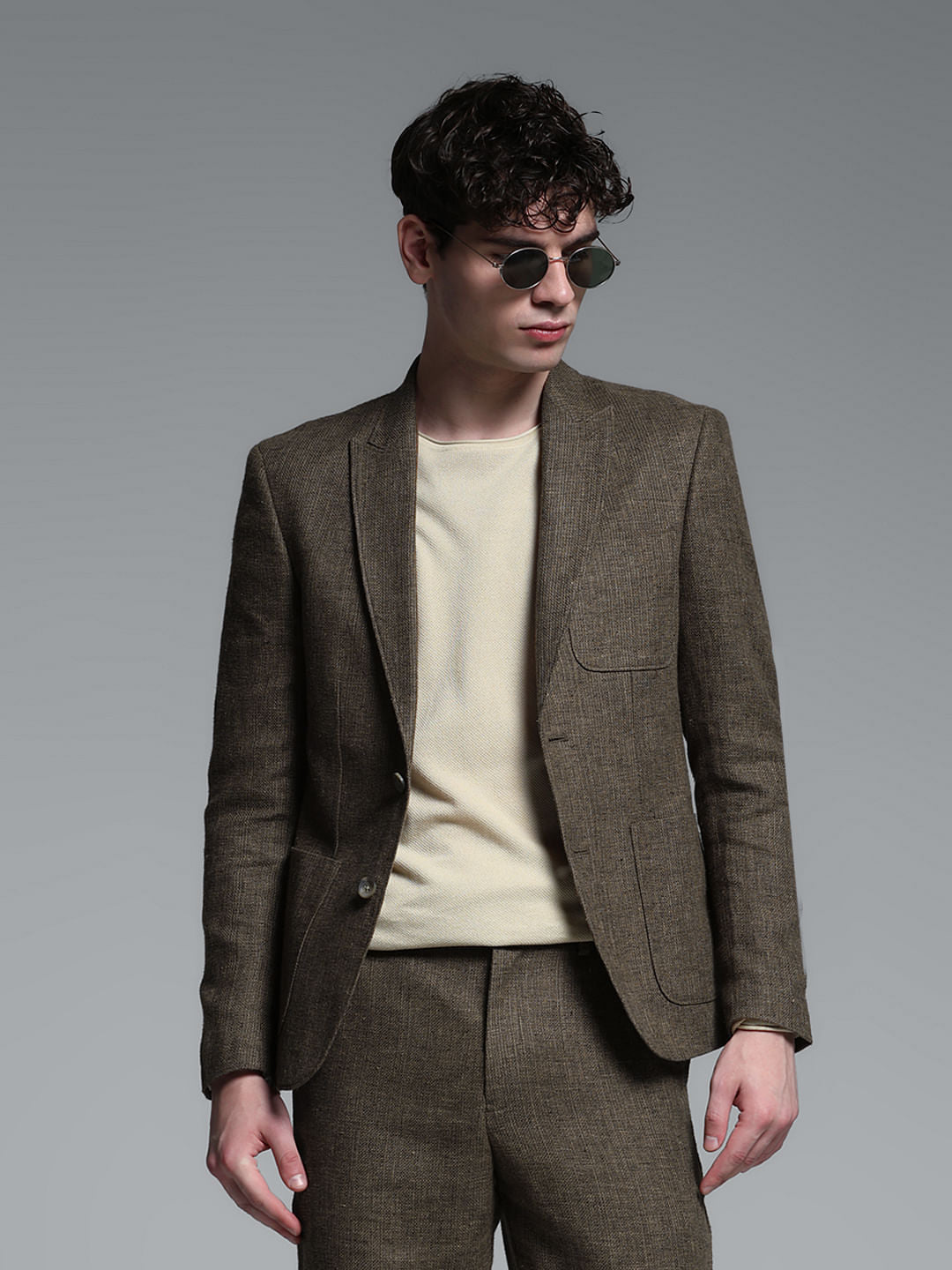 Dark Brown Linen Suit Set Blazer