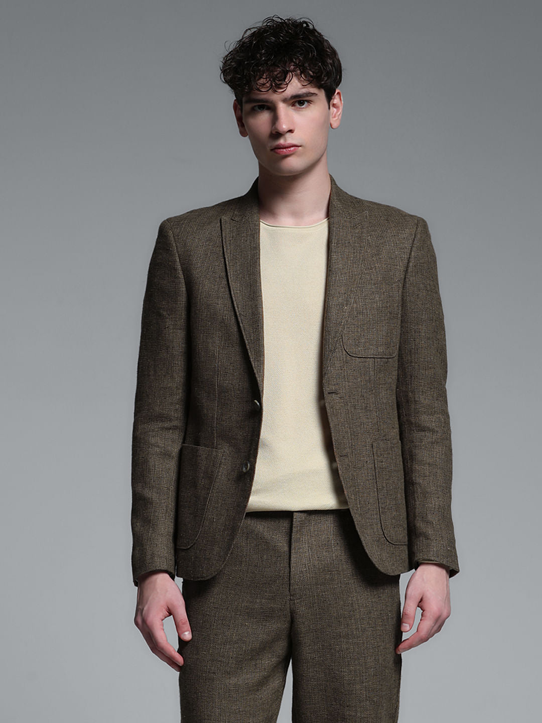 Dark Brown Linen Suit Set Blazer