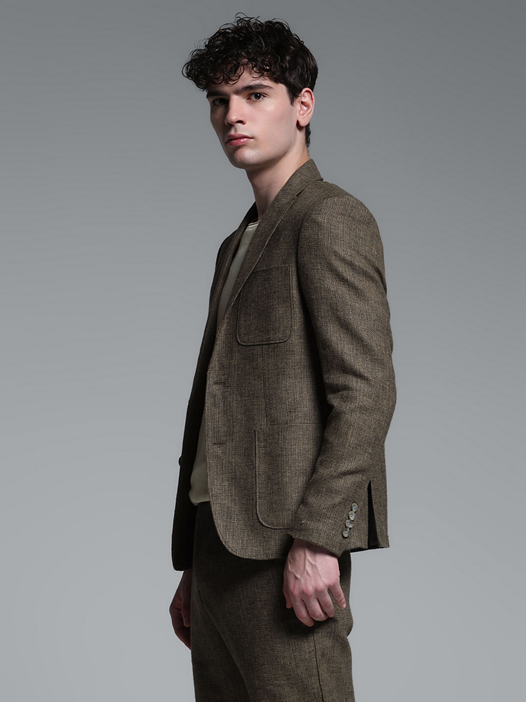 Dark Brown Linen Suit Set Blazer