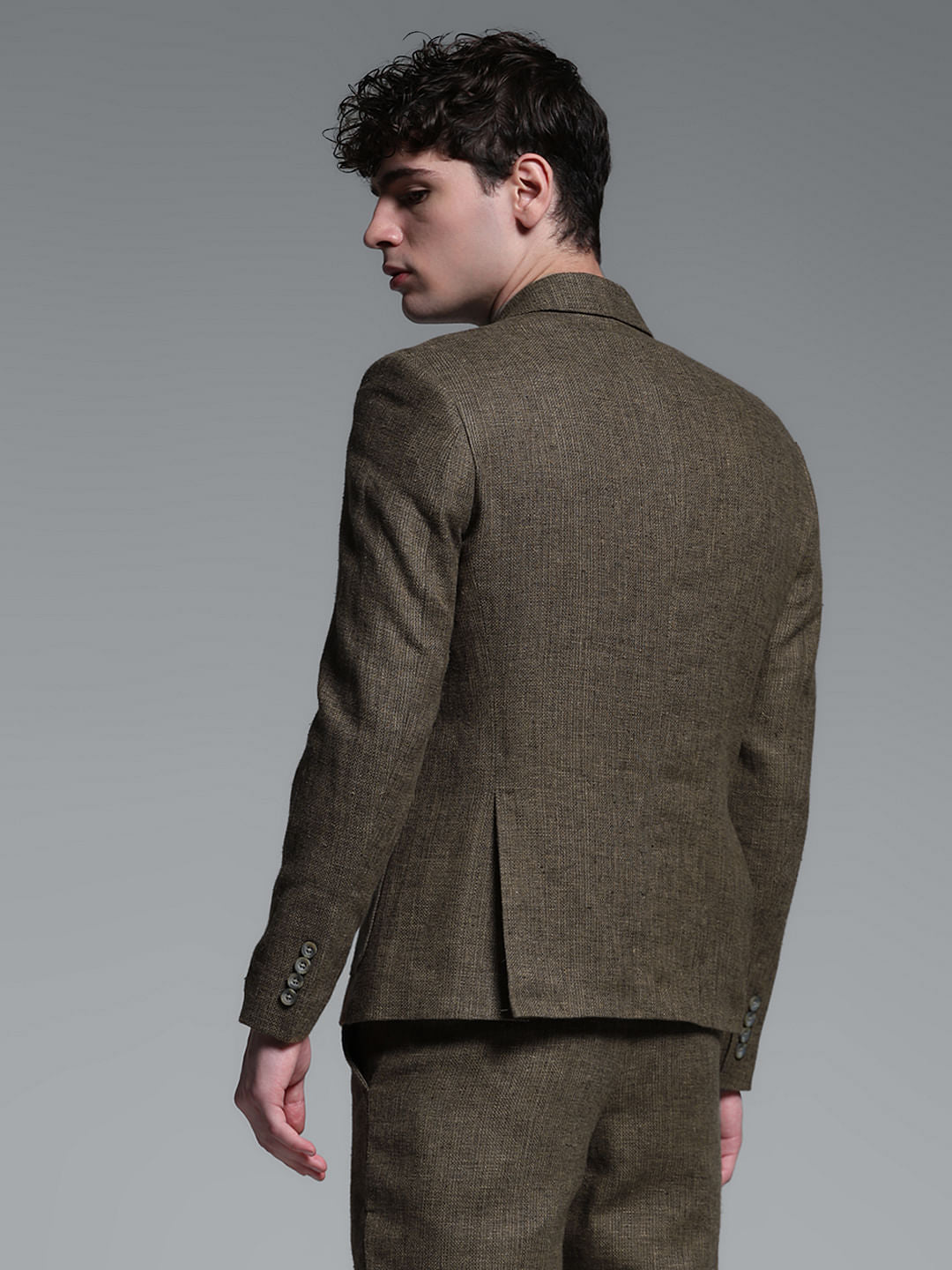 Dark Brown Linen Suit Set Blazer