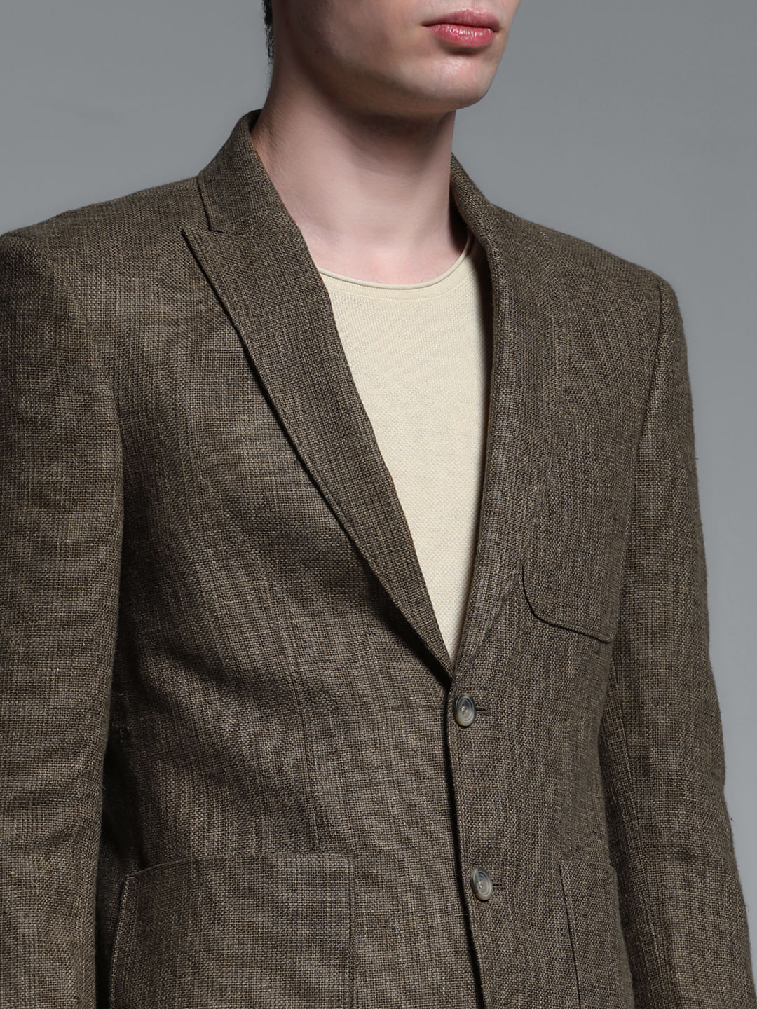 Dark Brown Linen Suit Set Blazer