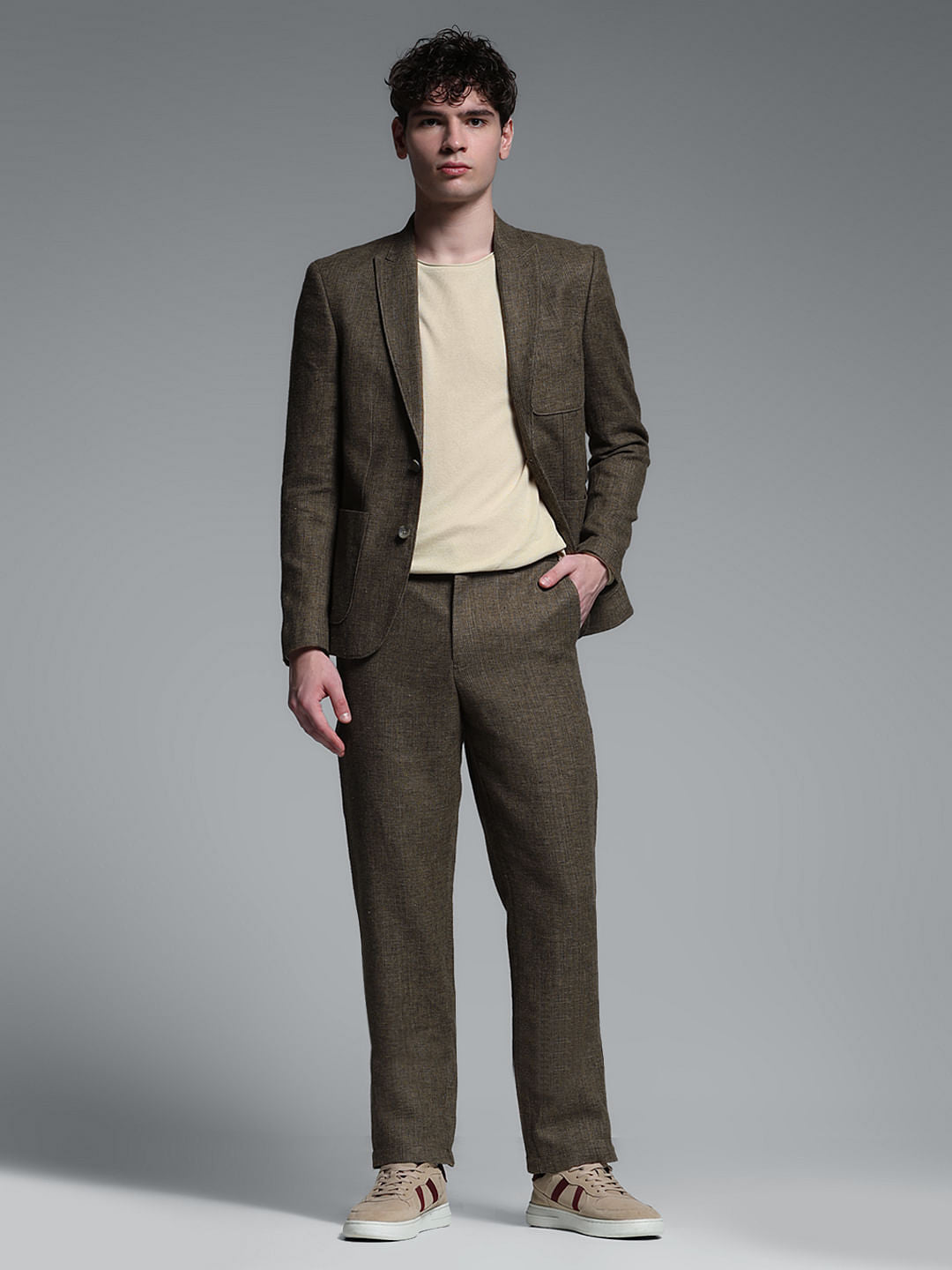 Dark Brown Linen Suit Set Blazer