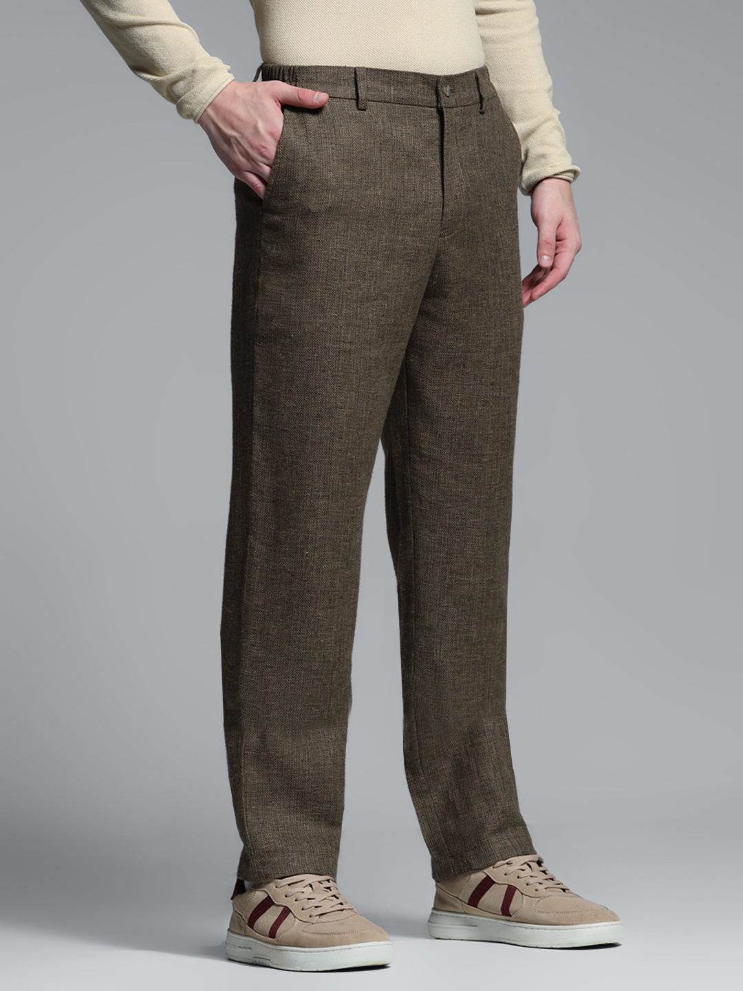 Men's Linen Blend Slim Fit Formal Trousers - Brown Solid