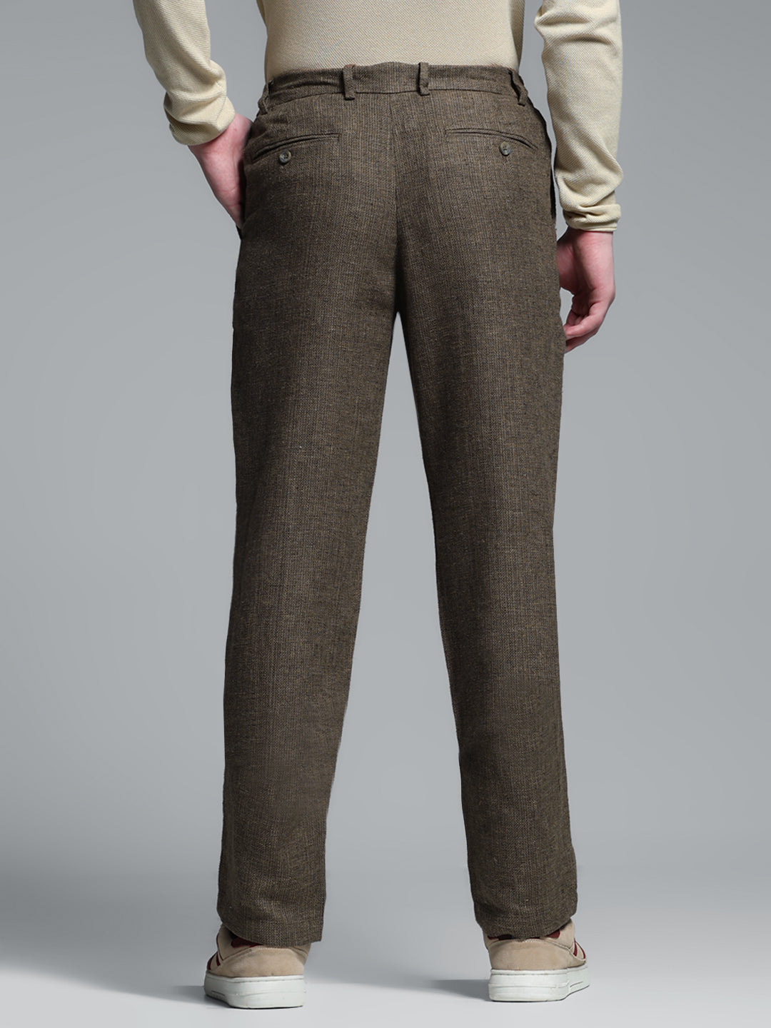 Men's Linen Blend Slim Fit Formal Trousers - Brown Solid
