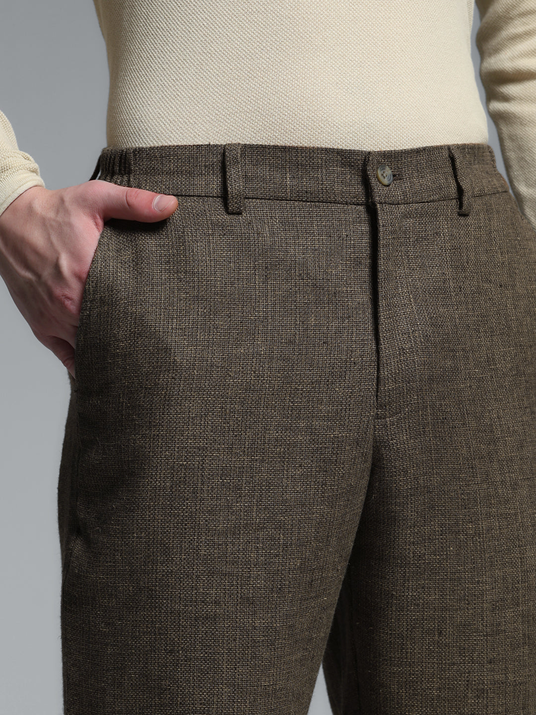 Men's Linen Blend Slim Fit Formal Trousers - Brown Solid