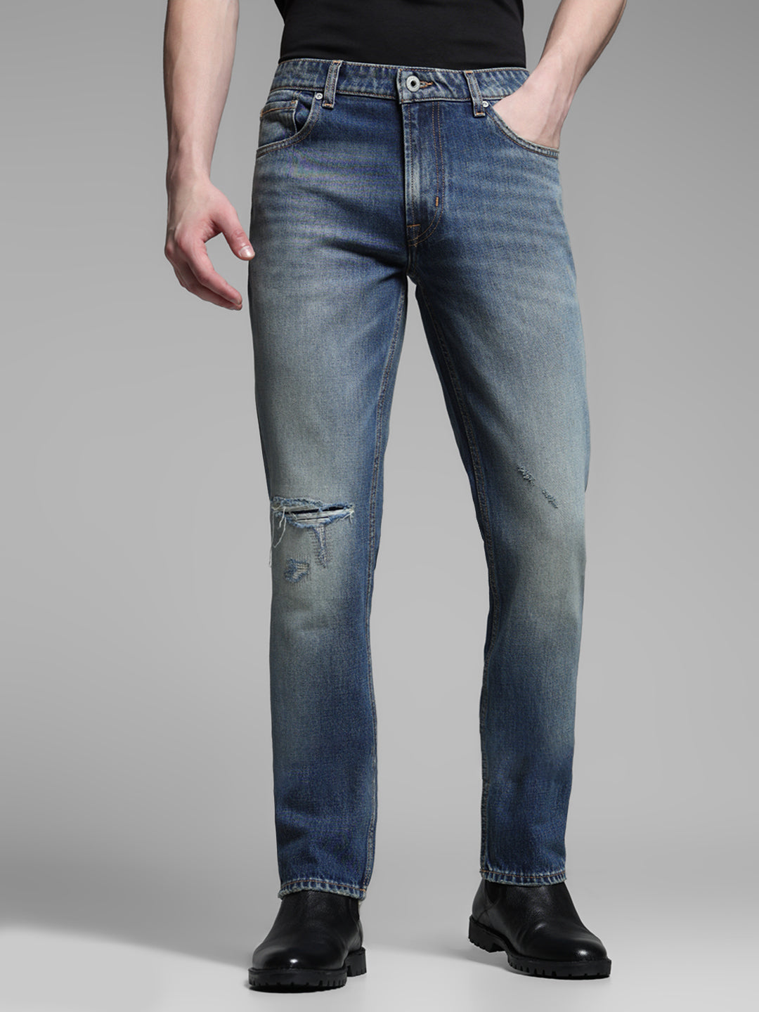 Men's Medium Blue Denim Straight Fit Distressed Jeans - 30/30