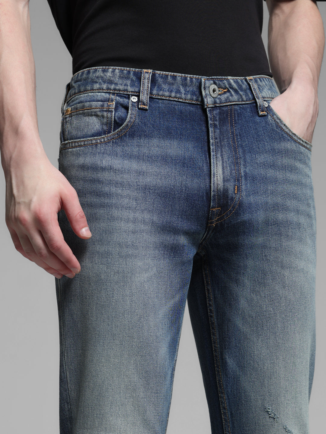 Men's Medium Blue Denim Straight Fit Distressed Jeans