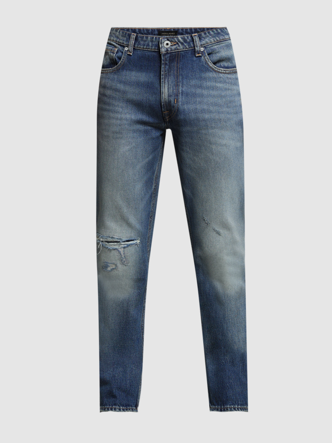 Men's Medium Blue Denim Straight Fit Distressed Jeans