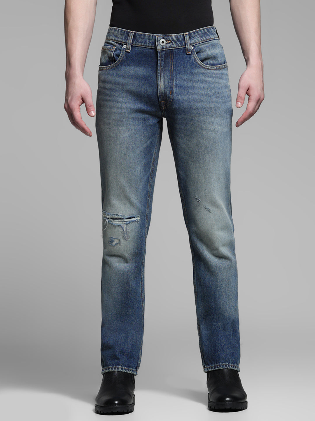 Men's Medium Blue Denim Straight Fit Distressed Jeans