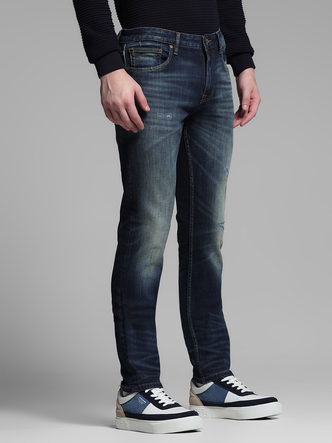 Dark Blue Distressed Glenn Slim Fit Jeans