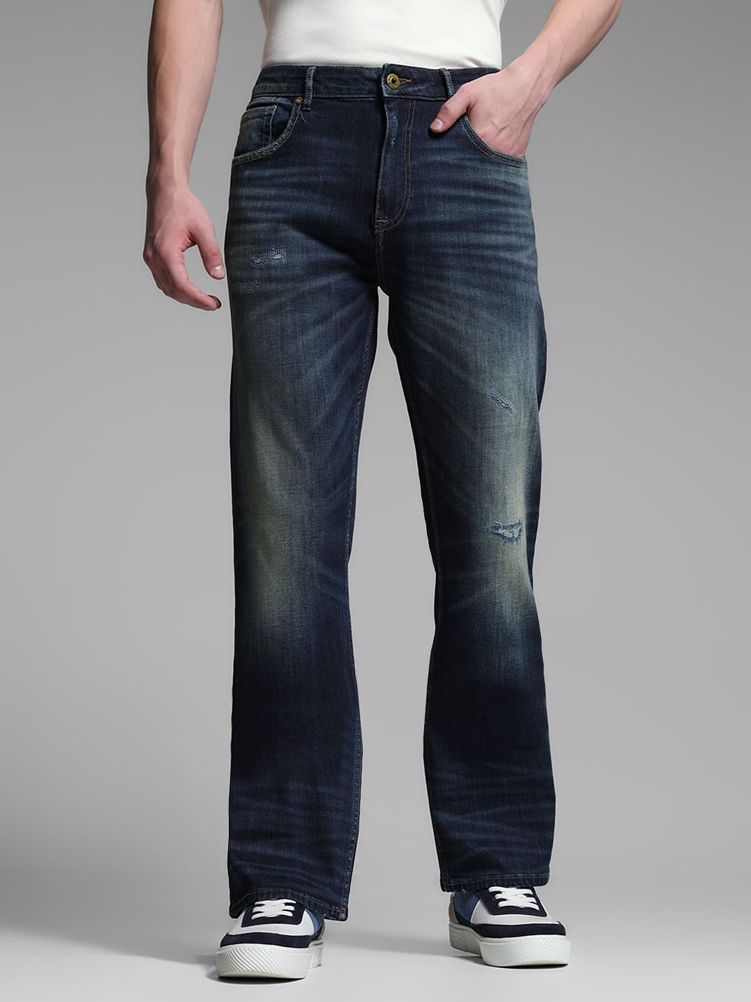 Dark Blue Distressed Cliff Bootcut Jeans - 28/30