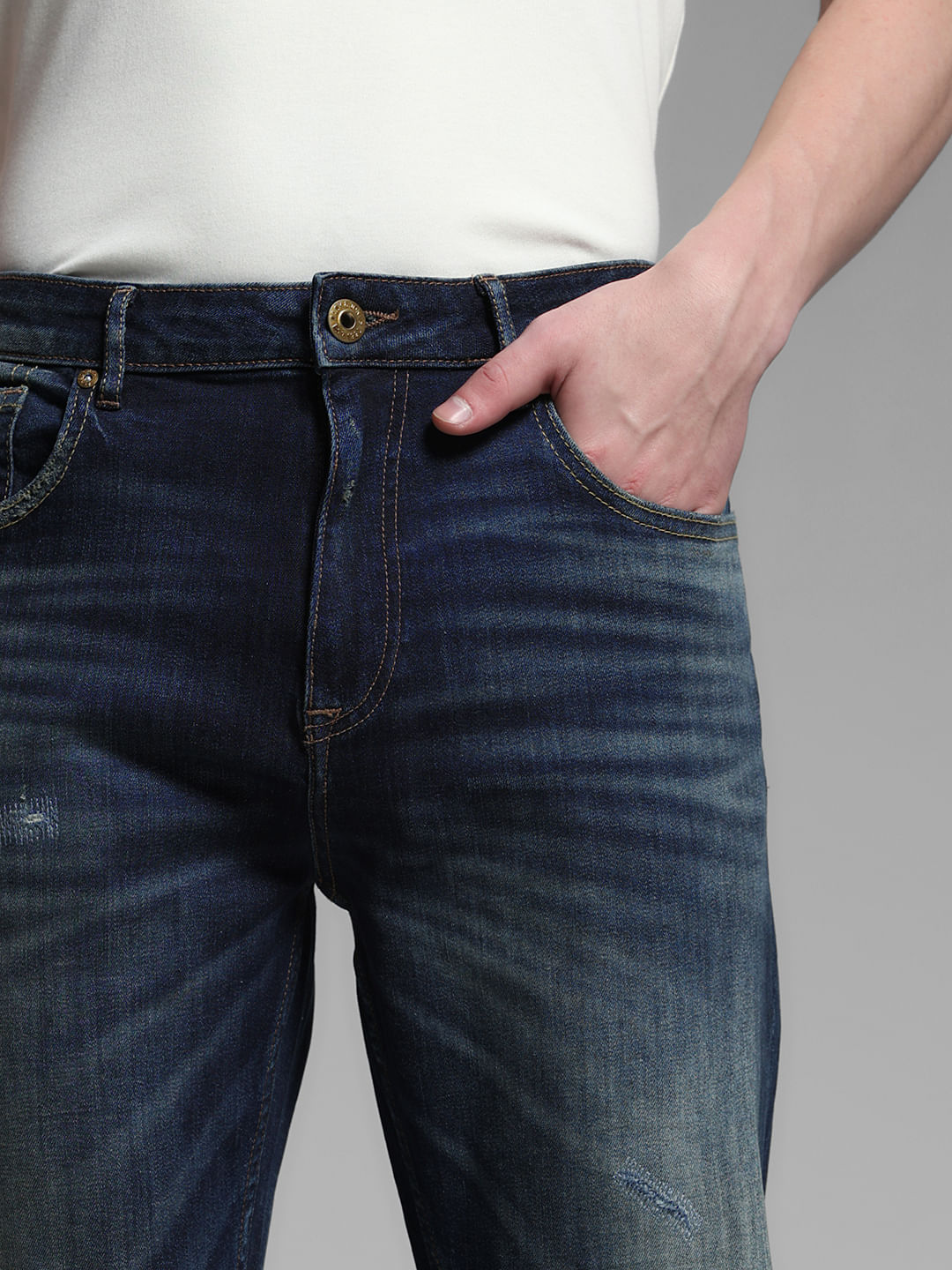 Dark Blue Distressed Cliff Bootcut Jeans