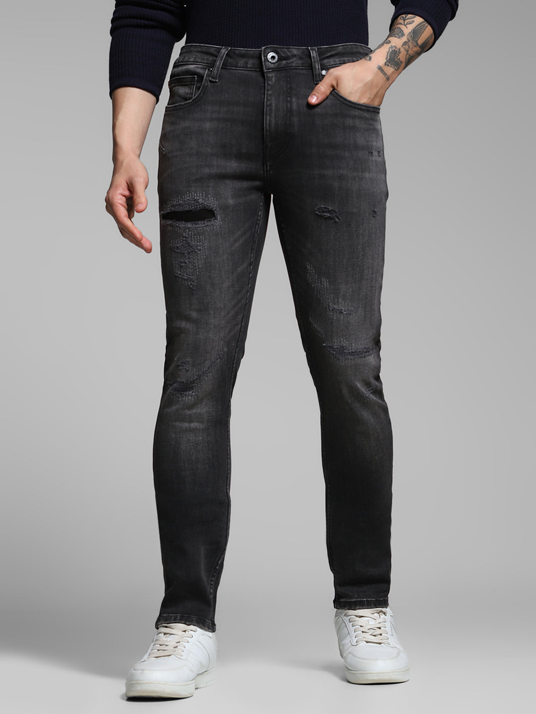 Men's Charcoal Skinny Fit Distressed Low Rise Jeans