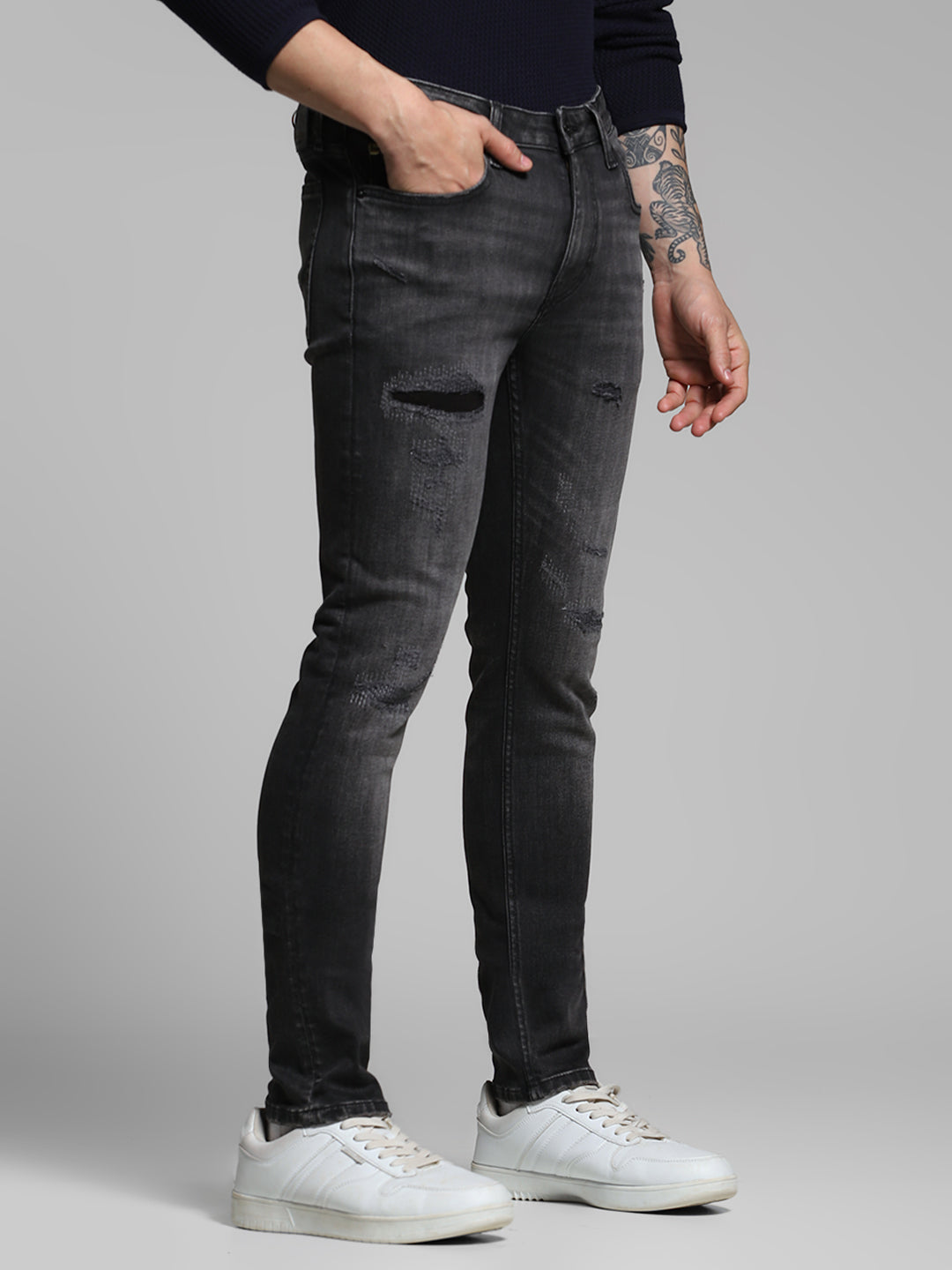 Men's Charcoal Skinny Fit Distressed Low Rise Jeans