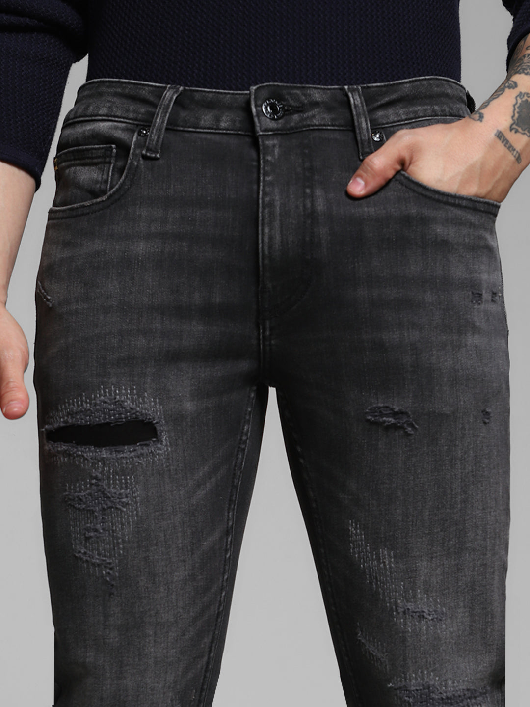 Men's Charcoal Skinny Fit Distressed Low Rise Jeans